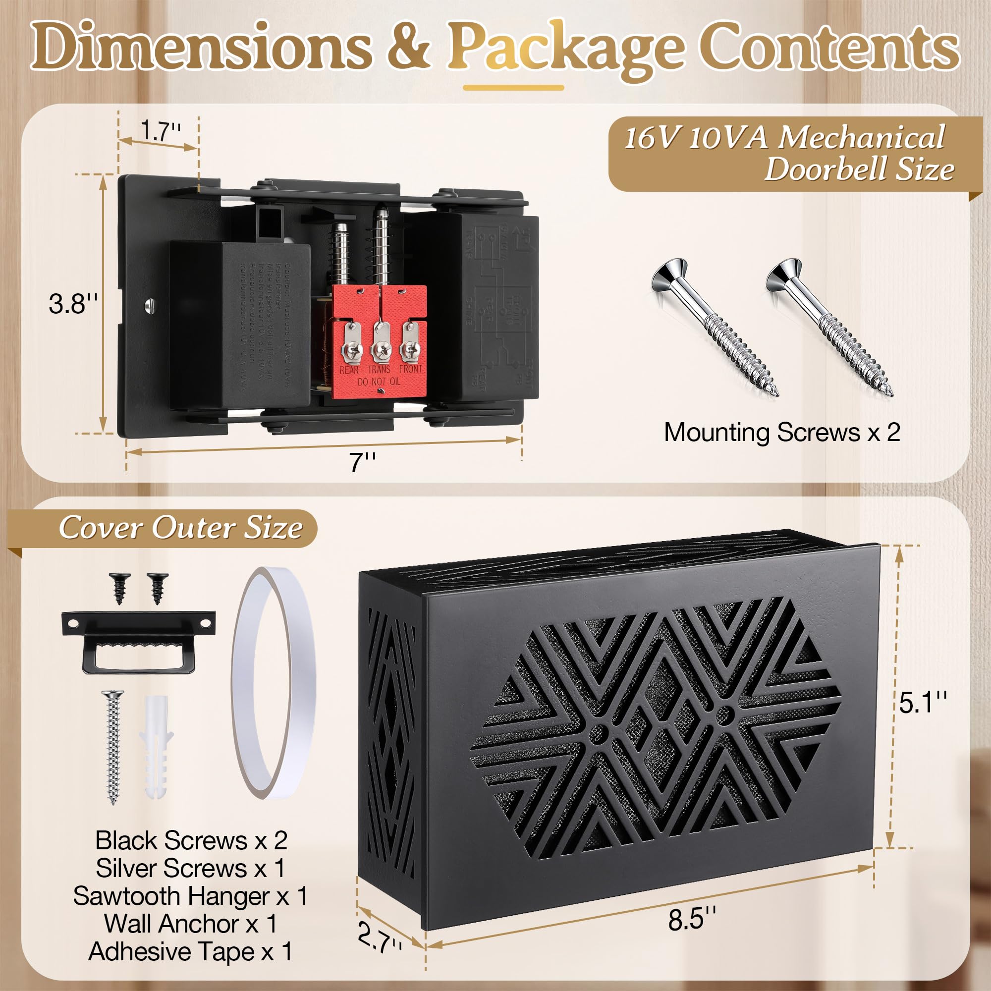 Timbre mecánico con cable, 16 V 10 VA con cubierta de madera, timbre de puerta delantera y trasera para pared interior del hogar con tornillos y cinta adhesiva, dos sonidos fuertes (negro)