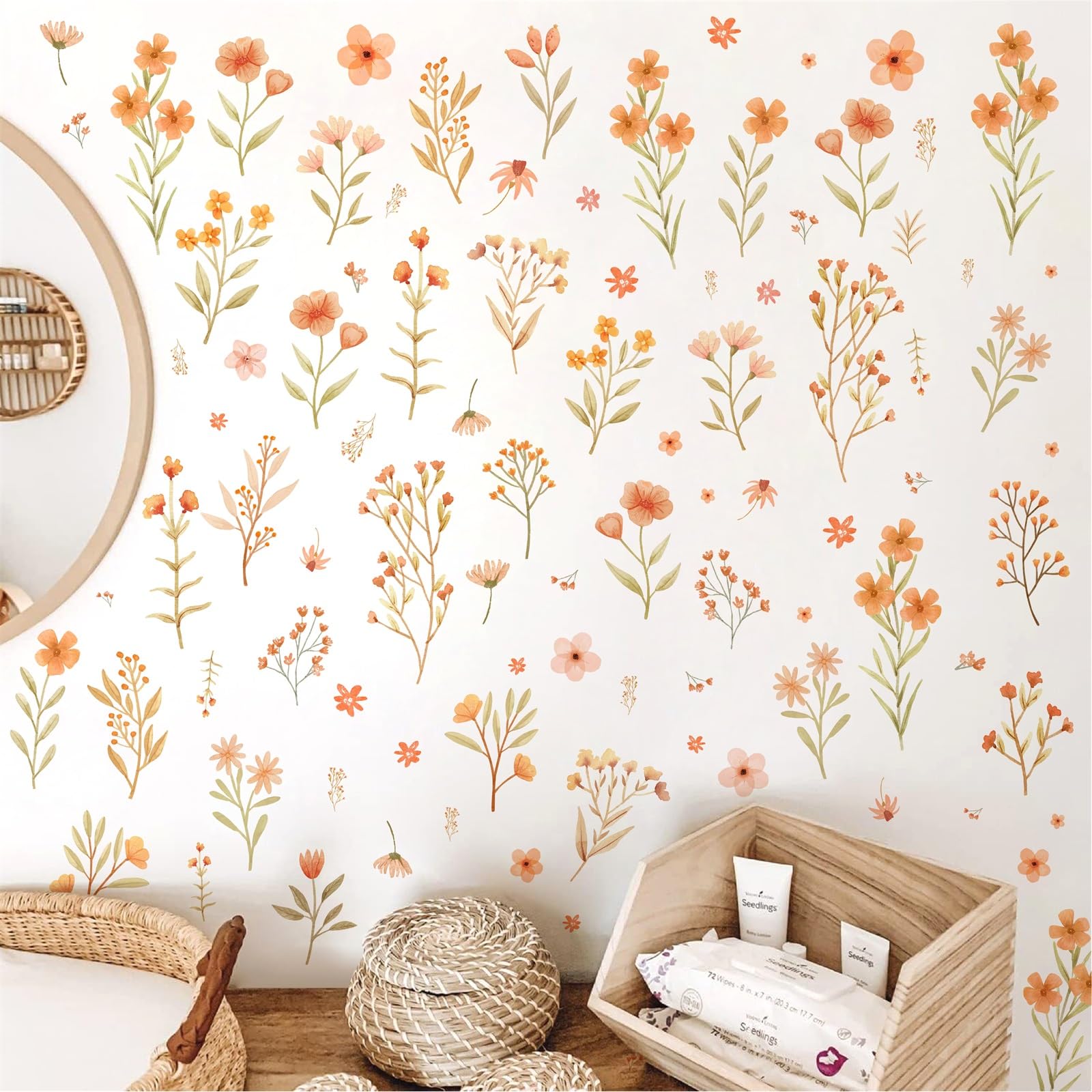 Boho Small Flower Wall Stickers Watercolor Small Floral Wall Decals Peel and Stick Cute Botanical Wildflower Wall Decals Cute Flower Wall Stickers for