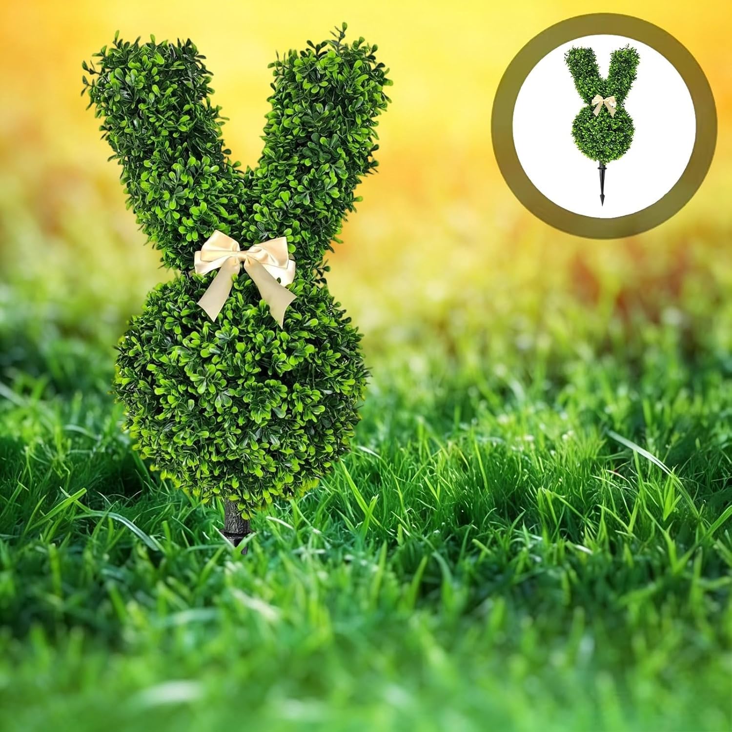 Artificial Bunny Topiary, Green Rabbit-Shaped Topiary Tree with Ground Spike, Easter Fake Bunny Boxwood Ball Planter for Easter Decorations, Front Porch Decor, Indoor/Outdoor (1)