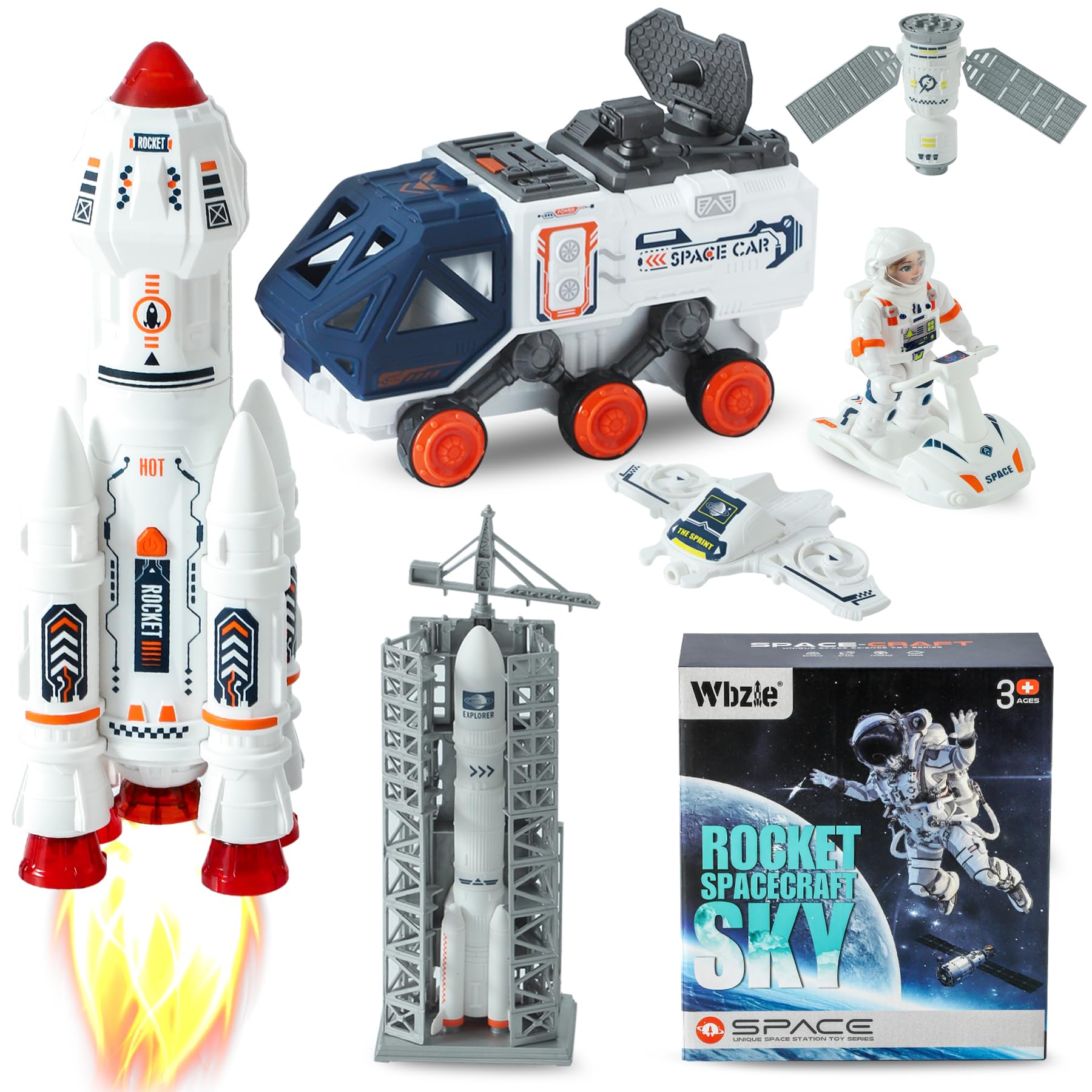 Space Ship Toys for Kids, Rocket Toy Set with Light Sound Spray Effect, Space Set Include Car, Rocket Launcher, Satellites, Outer Space Playset Series