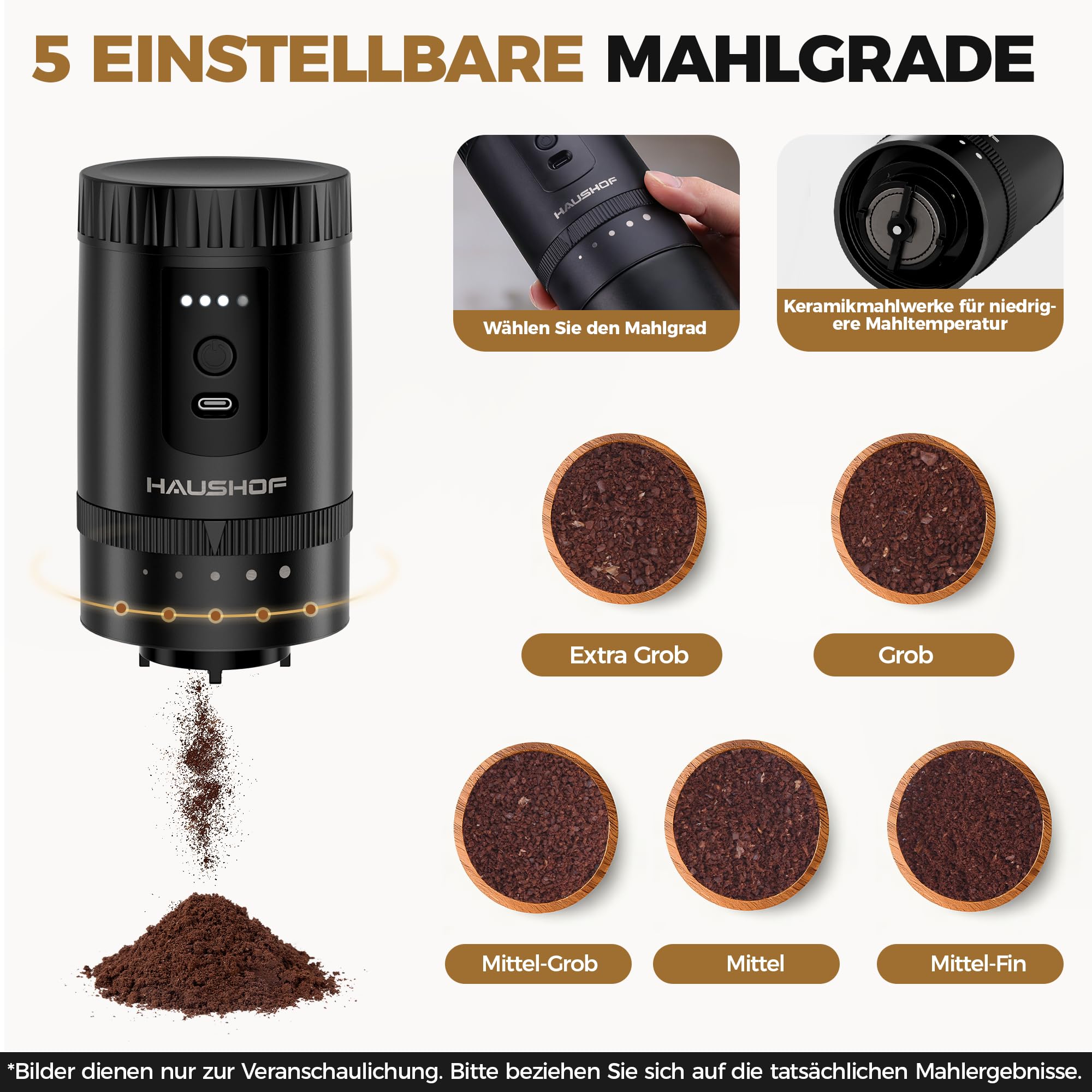 HAUSHOF Elektrische Kaffeemühle, Tragbares Kegelmahlwerk Kabellos Schwarz mit Integrierter Infusion, Manuelles Kit Edelstahlfilter Thermobecher