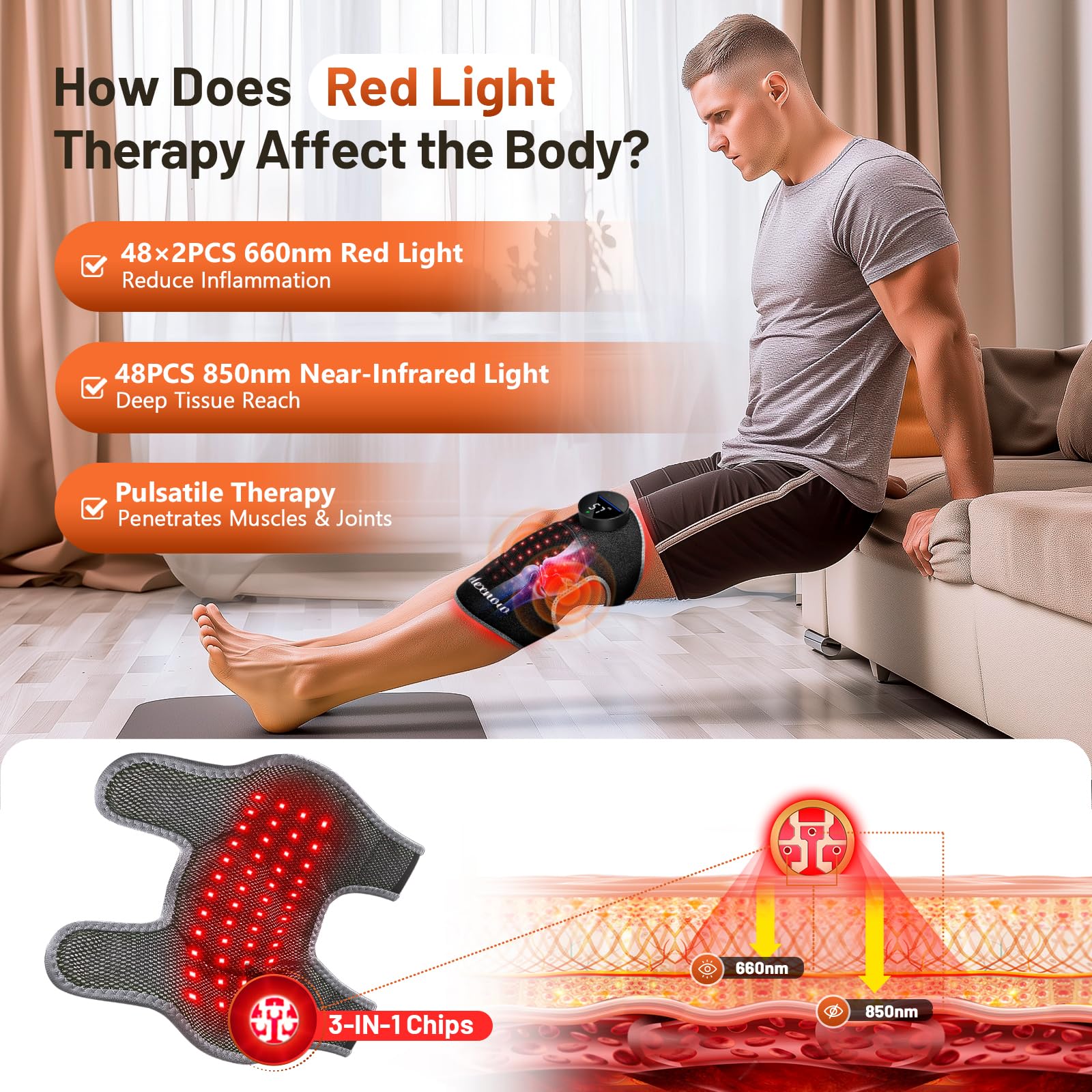 RELEXNOW Terapia de luz roja para rodilla, masajeador de rodilla con 5 calor y 3 vibraciones, 660 nm 850 nm infrarrojo cercano, rodillera térmica inalámbrica para articulación de rodilla