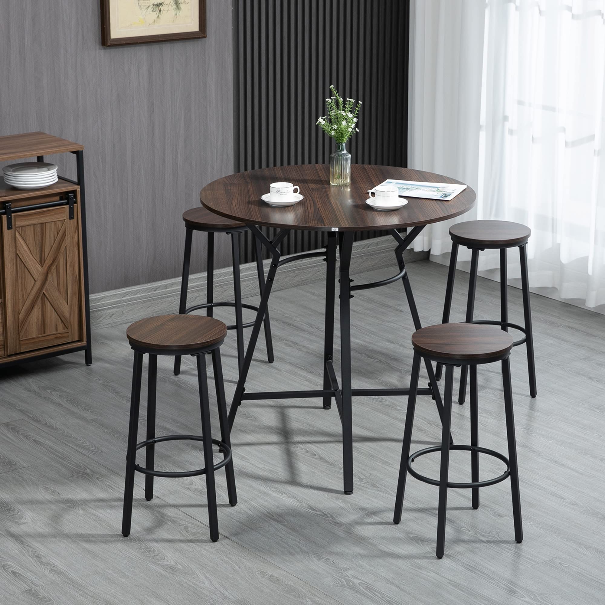 HOMCOM Set da Pranzo con Tavolo e 4 Sgabelli in Stile Industriale per Cucina e Bar, Set in Legno e Acciaio, Colore Noce