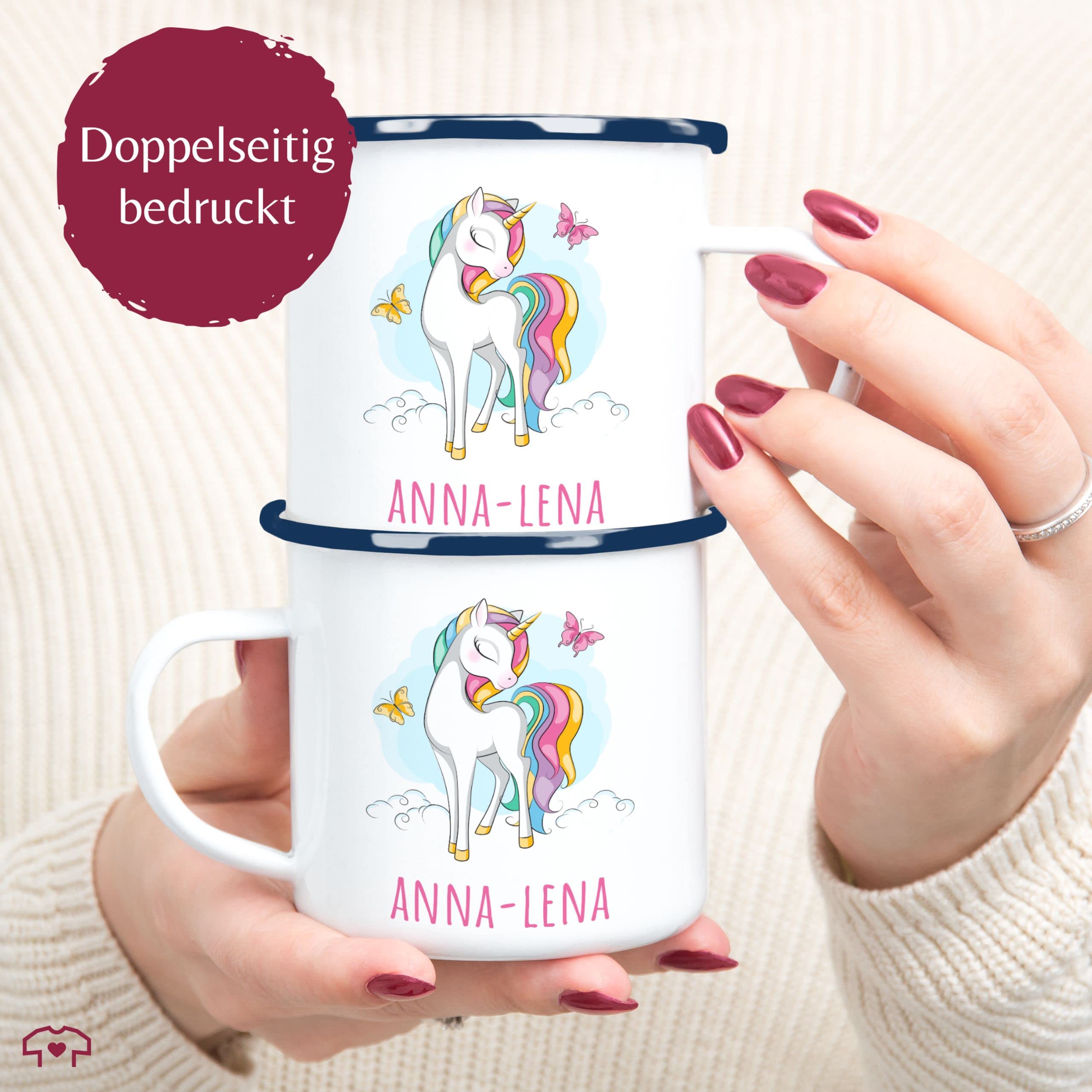 Emaille Becher Mit Einhorn-Motiv – 300 Ml, Kratzfest, Spülmaschinengeeignet (weiß/silber)