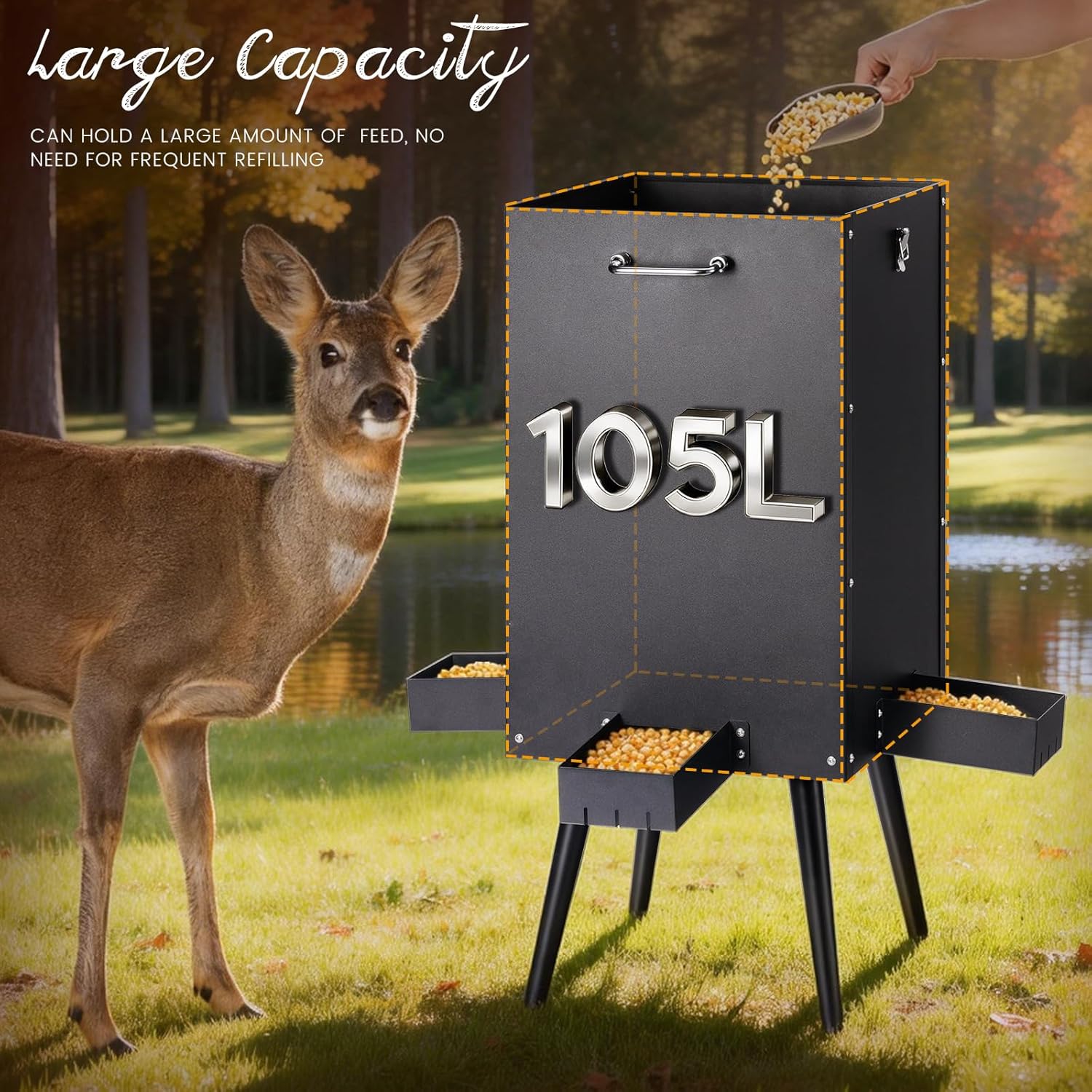 105L Deer Feeder Heavy Duty Galvanized Steel Gravity Deer Goat Feeder Weatherproof Wildlife Game Feeders Food Dispenser for Goats, Sheep, Horses, Wild Turkeys