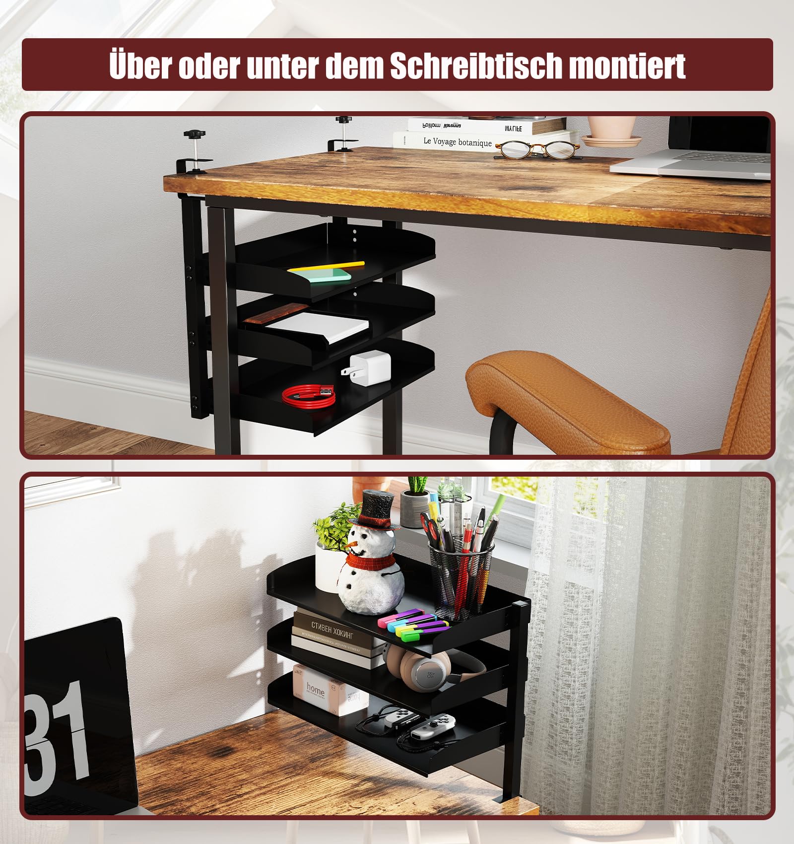 uyoyous Klemmbares Schreibtisch Organizer Regal 3 Tier Einstellbar Büro Organizer Kohlenstoffstahl Schreibtisch Erweiterung Klemmregal Schreibtischregal Tischregal für Büro, Home, Schule (44×22×39cm)
