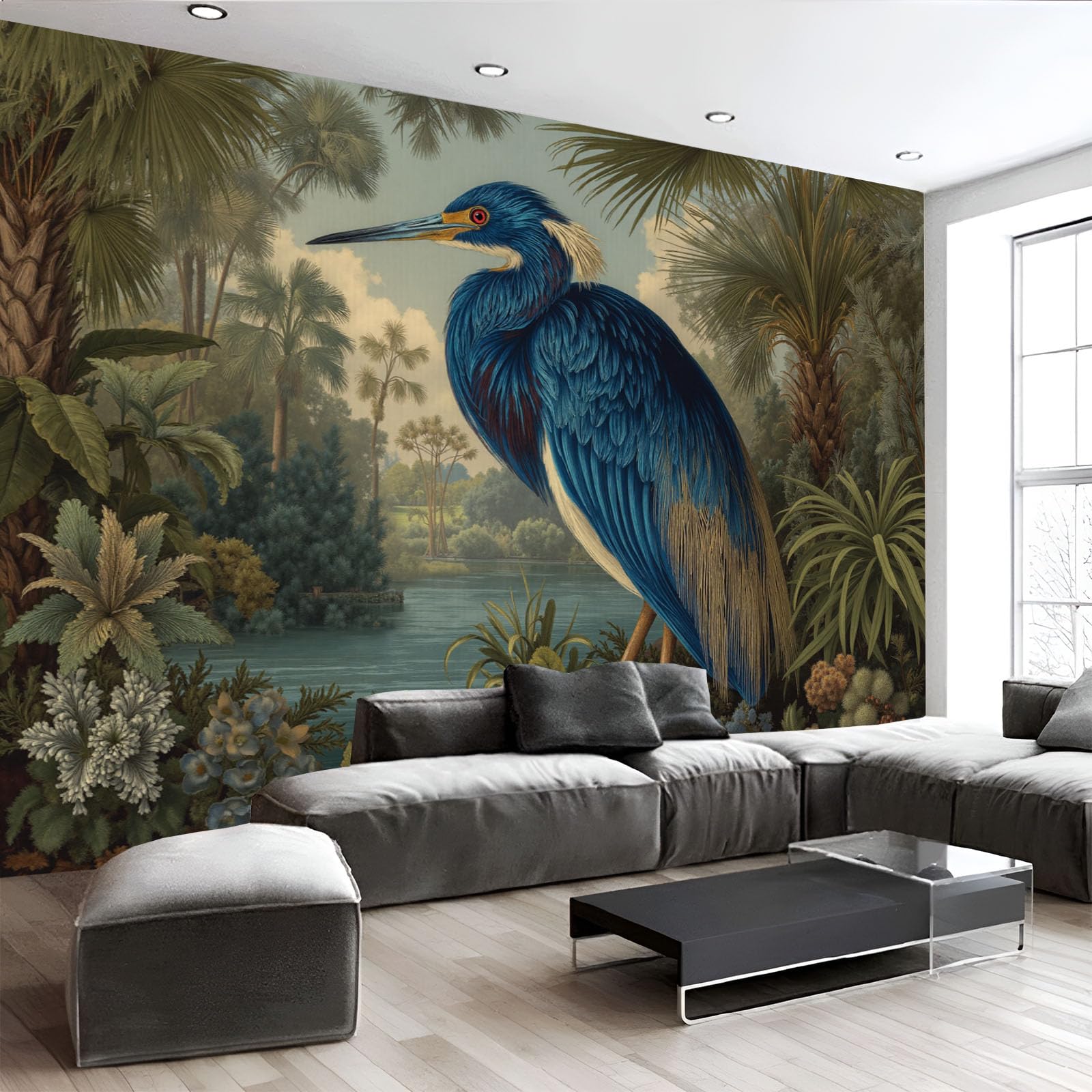 Papier peint animaux rétro bleu-vert en soie 350x256cm, grand décor mural de salon