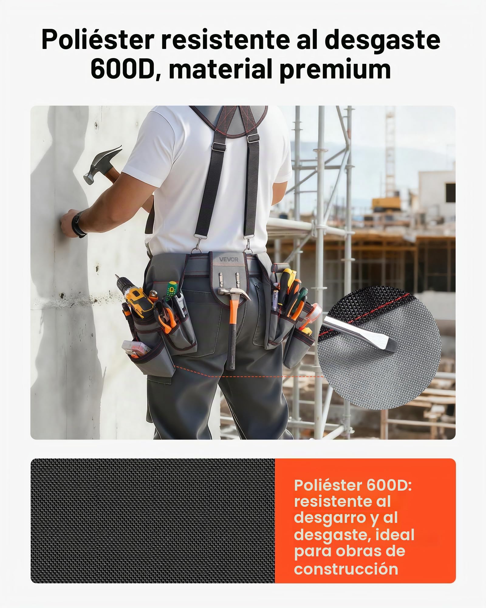 VEVOR Cinturón Portaherramientas para Profesionales, con 22 Bolsillos y Tirantes, Funda para Riñonera para Electricistas, Carpinteros y Obreros de la Construcción, Ajustable de 810 a 1730 mm