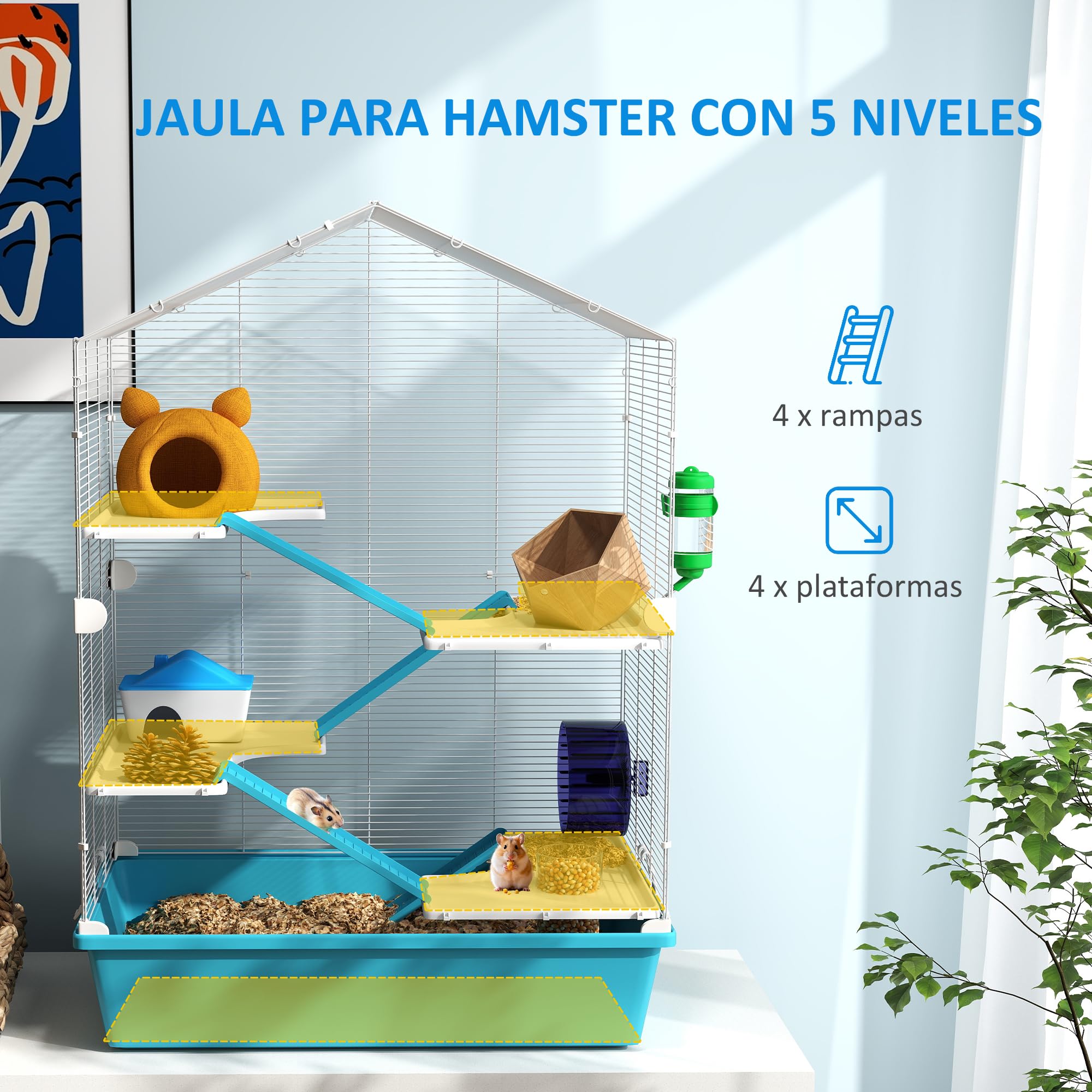 PawHut Jaula para Hámster de 5 Niveles Casa para Animales Pequeños con Plataformas Cuenco Bebedero Casita Rampas y Rueda de Ejercicio 58x36x81 cm Azul Claro