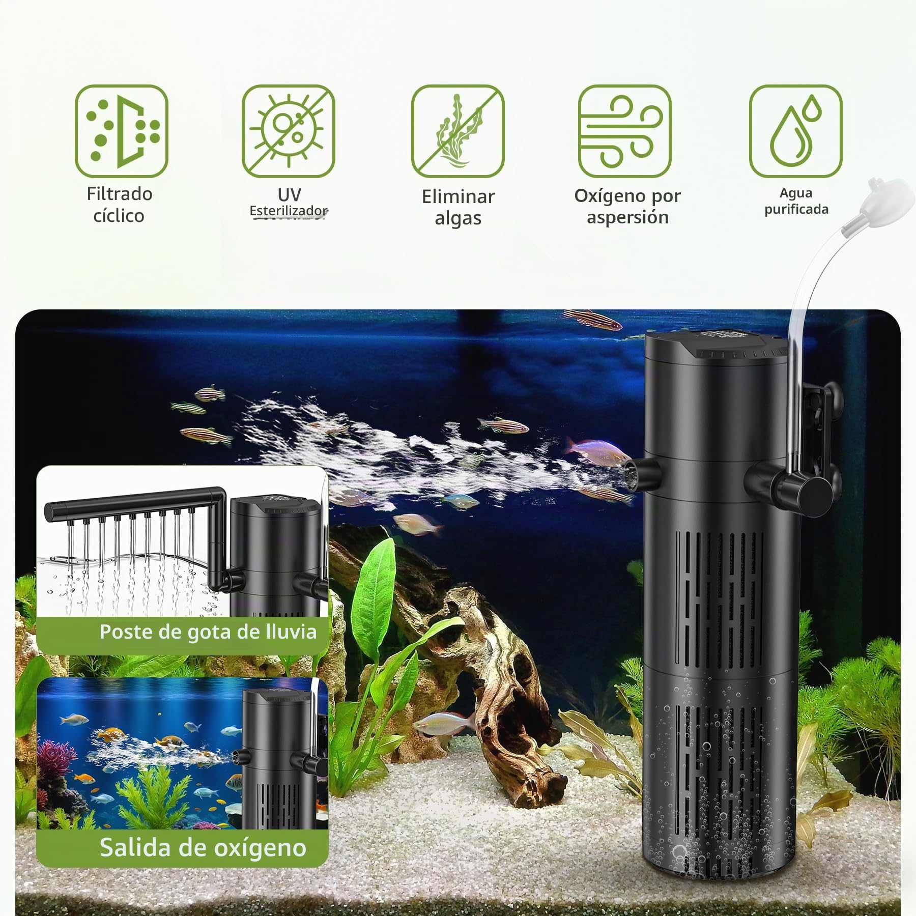 Forever Speed Filtro Acuario Interno con lámpara UVC 6W y Filtro pecera 5 en 1, para acuarios de 40L a 100L (500L/H)