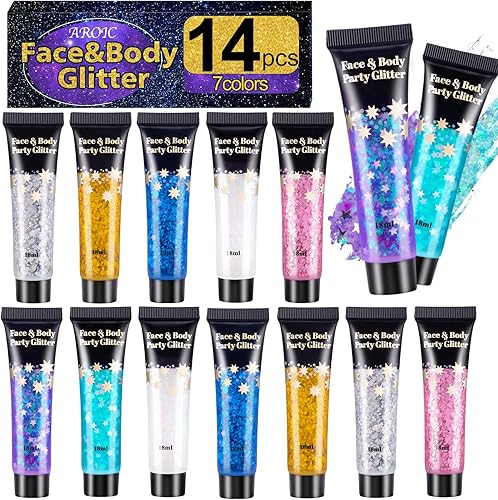 Miniatura 10 de AROIC Purpurina para Cabello de Unicornio para Niños, Juego de 14 Geles con Purpurina Brillante para Cuerpo y Cara, Maquillaje Brillante de Disfraz
