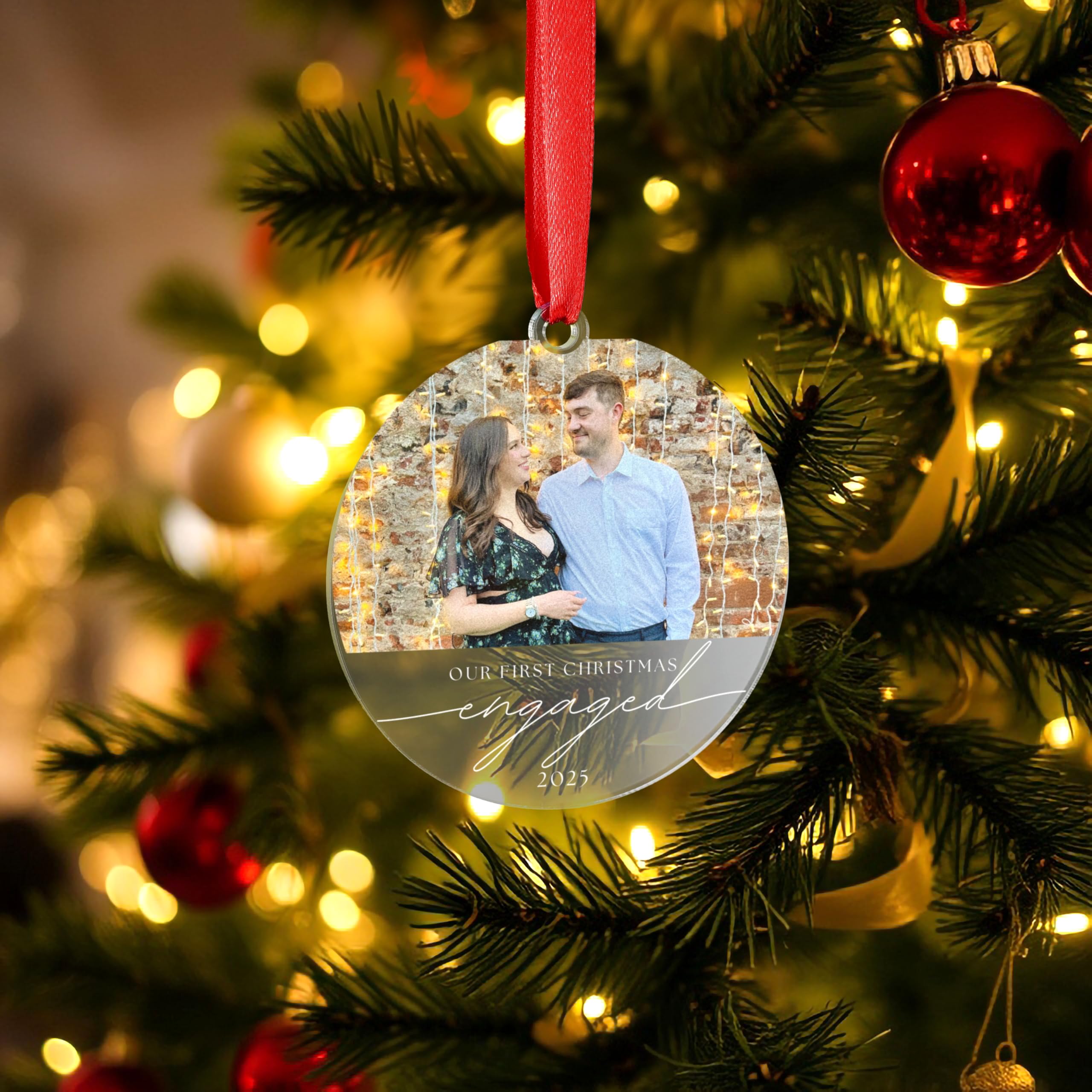 A1 Graphics Ltd Clear Personalised Christmas Bauble Photo Ornament Couples Gift Newly Weds Engagement Wedding Present Photo Married Engaged Design (Clear)