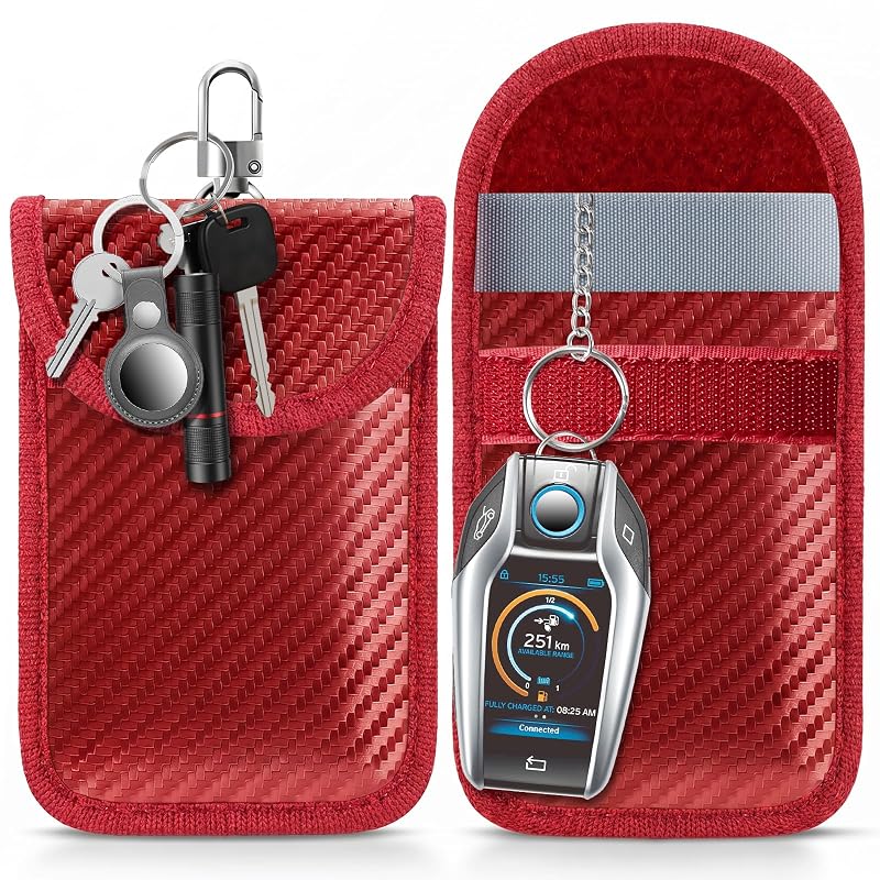 Bolsa Faraday para Chaves de Carro lanpard com Bloqueio de Sinais RFID, Modelo Médio Vermelho, 9 x 14 cm, 2 unidades