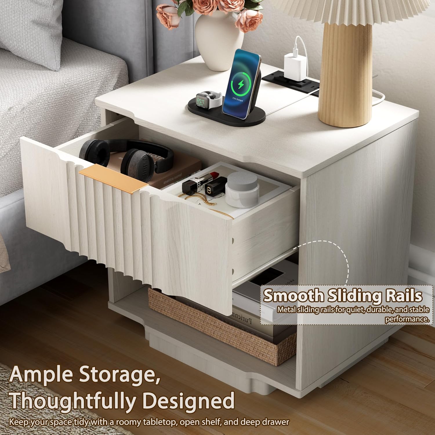 Yechen Fluted Nightstand with 20W Fast Charging Station - Modern Large Night Stand with Storage Drawer & Open Shelf, Wide Wood Bedside End Table for Bedroom with Curved Profile Base, White Oak