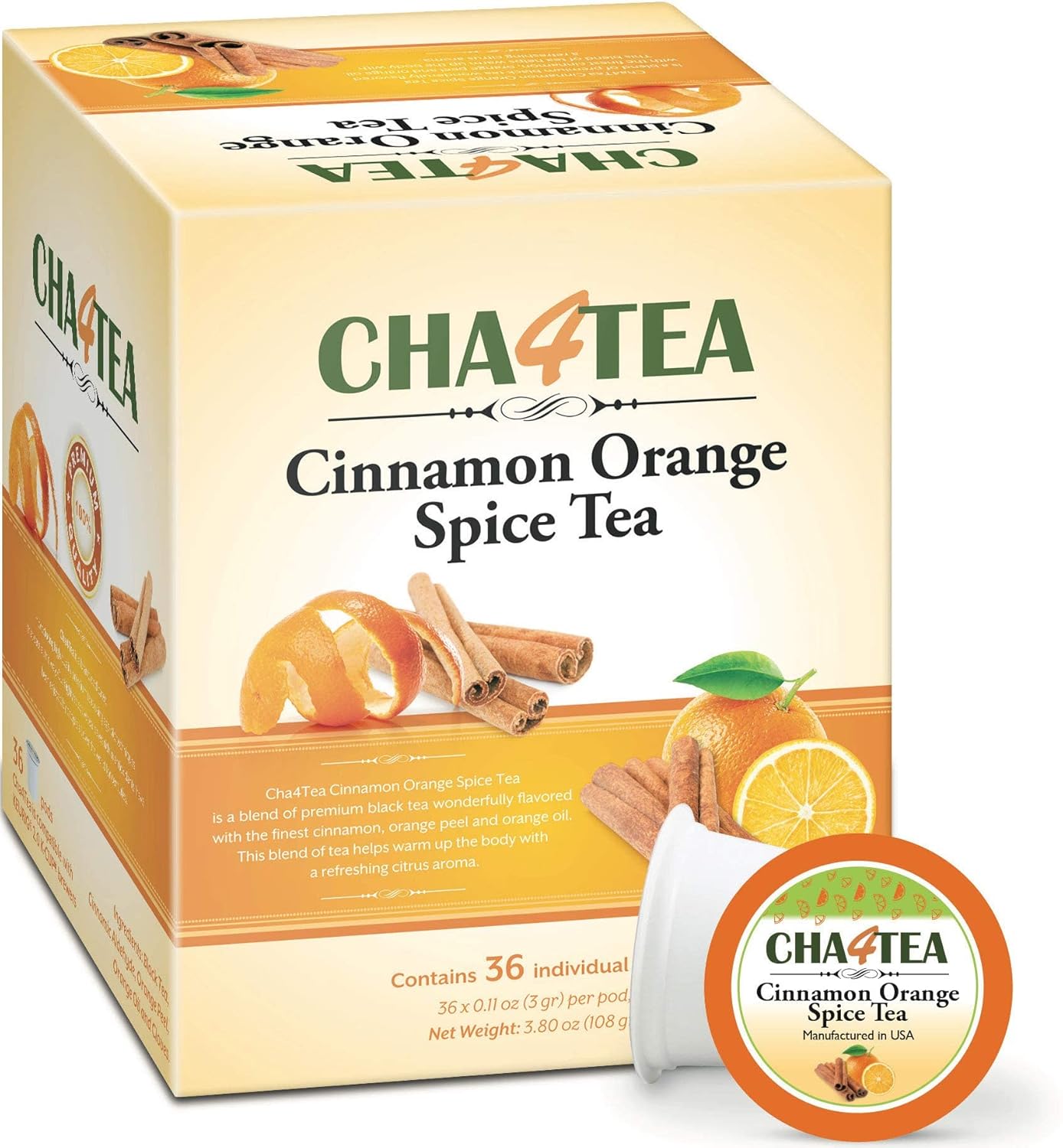 Cha4Tea 36Count Cinnamon Orange Spice Herbal Black Tea