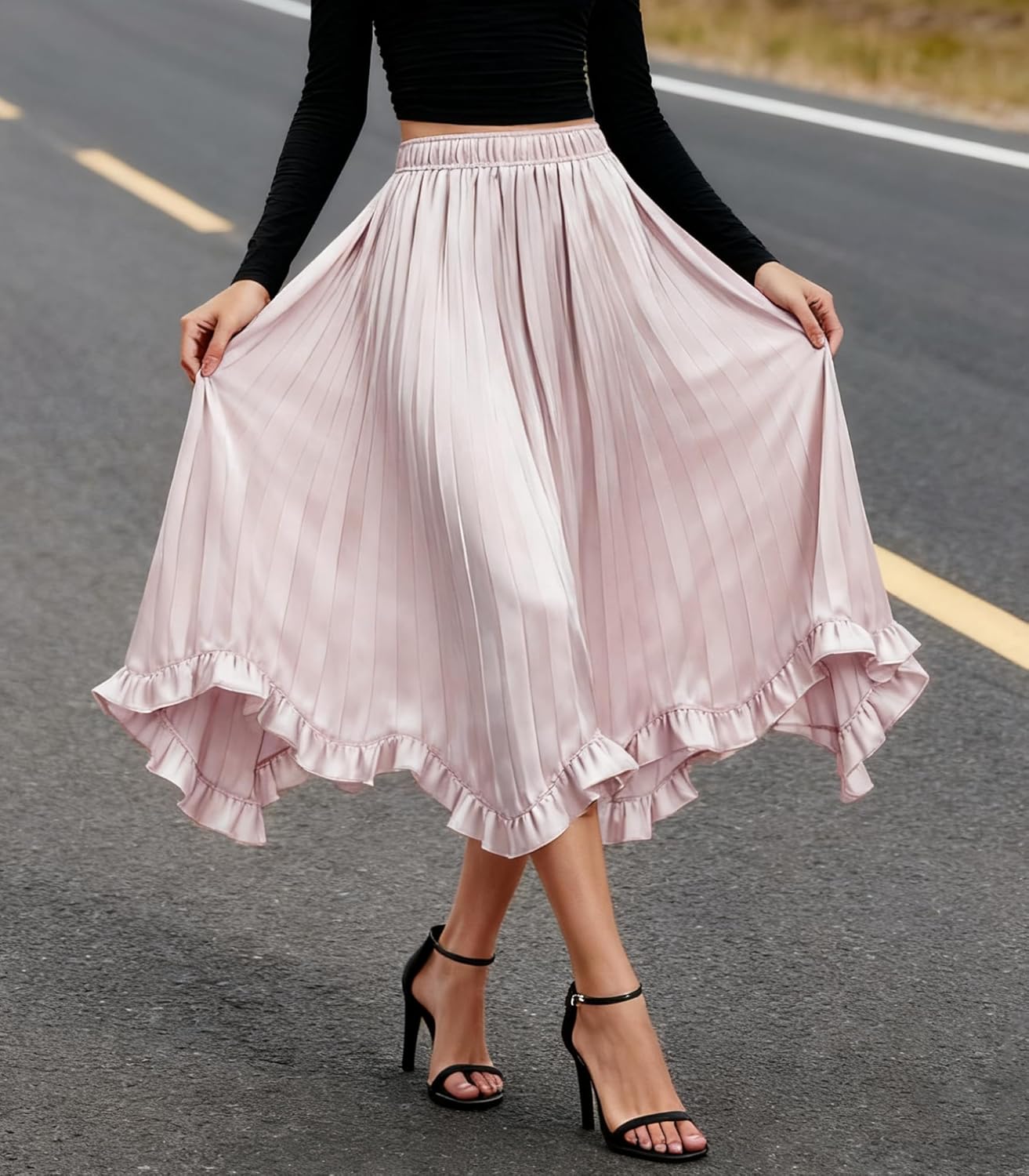 Satin Midi Skirt for Women Pleated Elastic Waist Relaxed Fit A-Line Slip Skirt with Ruffle Hem - Image 3