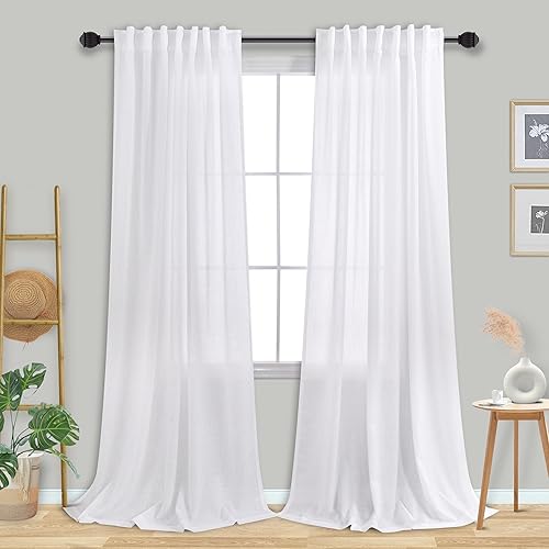 Cortinas de lino blanco de 90 pulgadas de largo para sala de estar, ligeras, decoración bohemia de granja, bolsillo para barra, pestaña trasera,