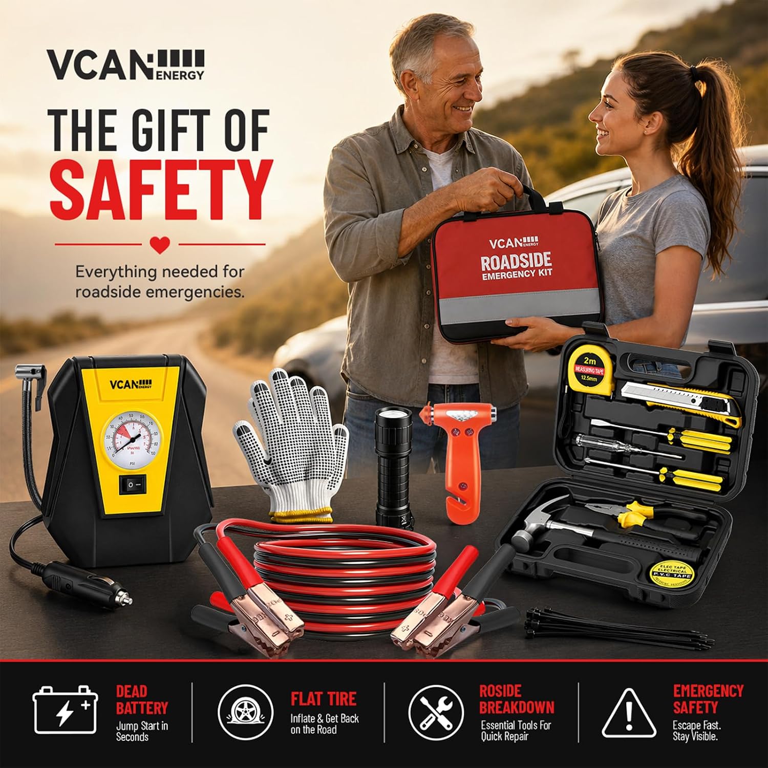 Car Emergency Safety Kit Bag with Portable Air Compressor for Vehicles