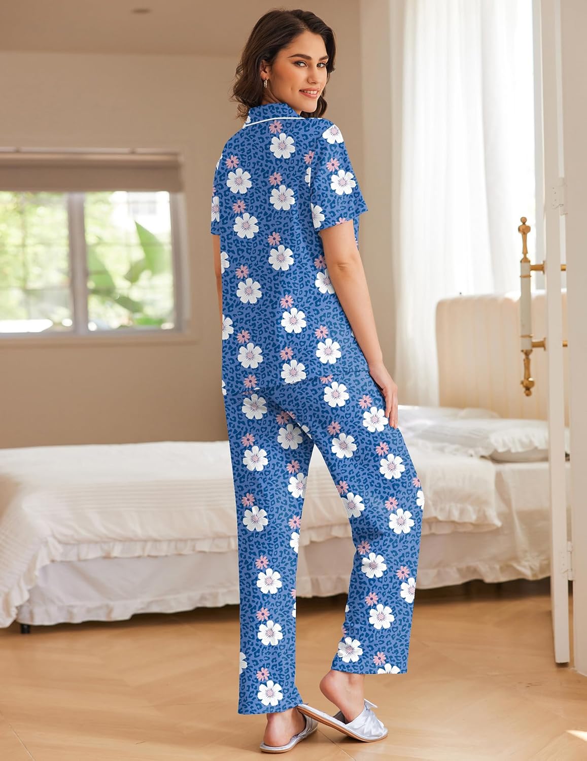 Ekouaer Women Pajamas Set Button Down Sleepwear Short Sleeve Nightwear with Long Pants Soft Pjs Set S-XXL - Image 4