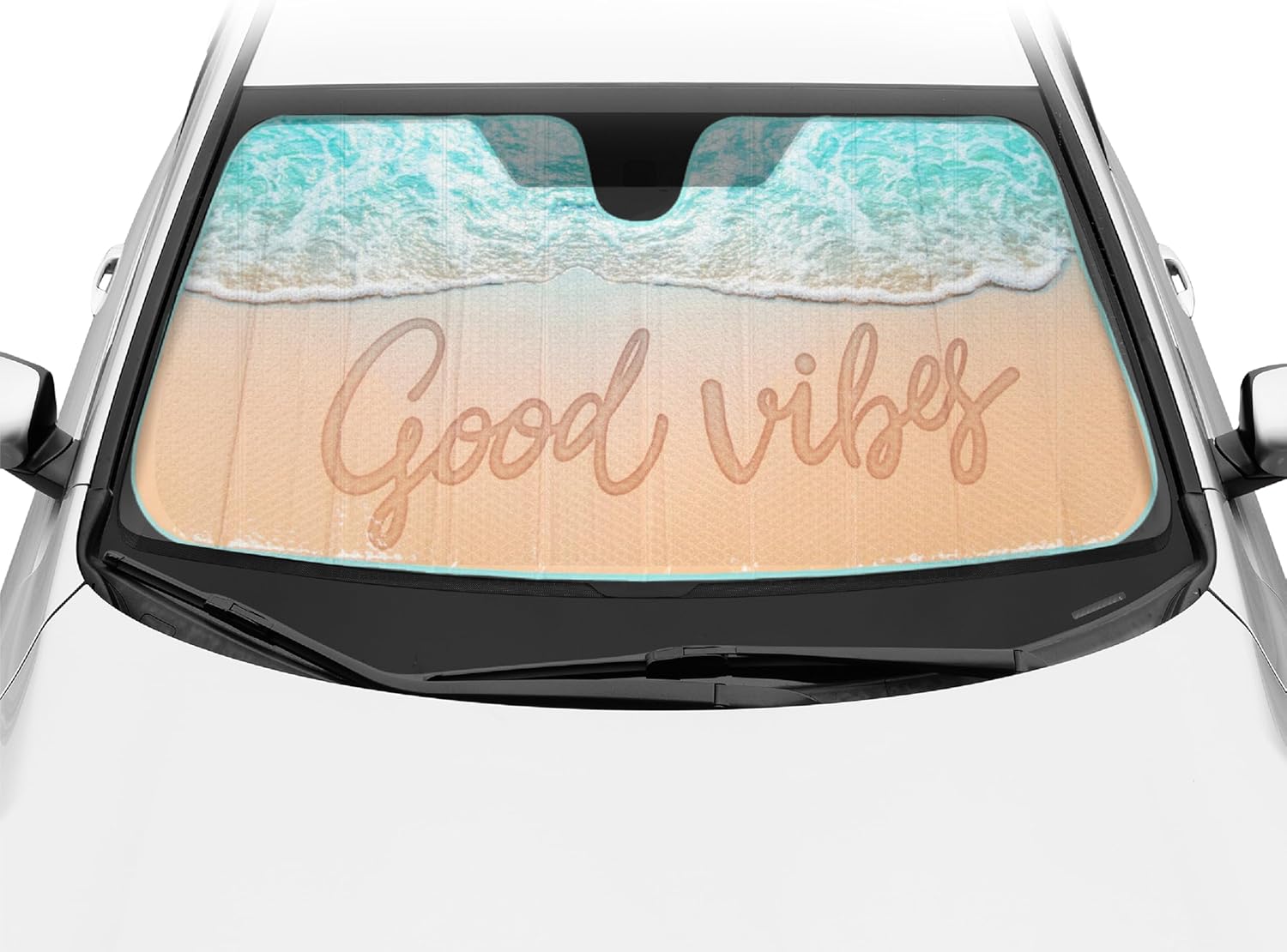 BDK USA Good Vibes Beach Sun Visor for Car Windshield Sunshade - Truck Sun Shade Windshield Cover & Accordion Window Cover Car Shield Sun Protector - Dash Protection to Keep Your Vehicle Cool 58"x27"