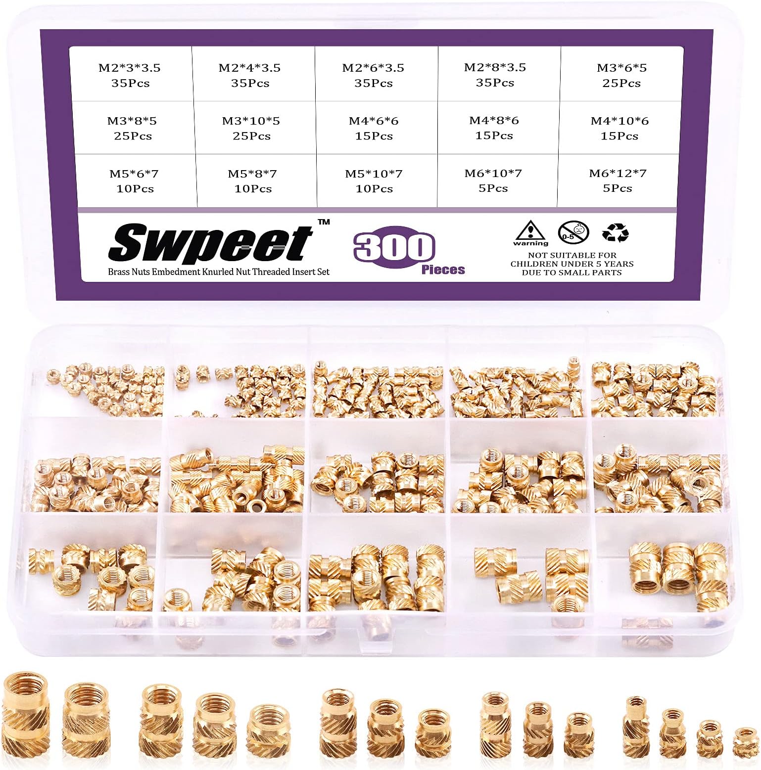 Sweet 300PCs 5 Values M2-M6 Female Thread Knurled Nuts Brass Threaded Insert Embedment Nuts Hydraulic Welded Joint Assortment Kit Perfect for 3D Printing & Injection Molding