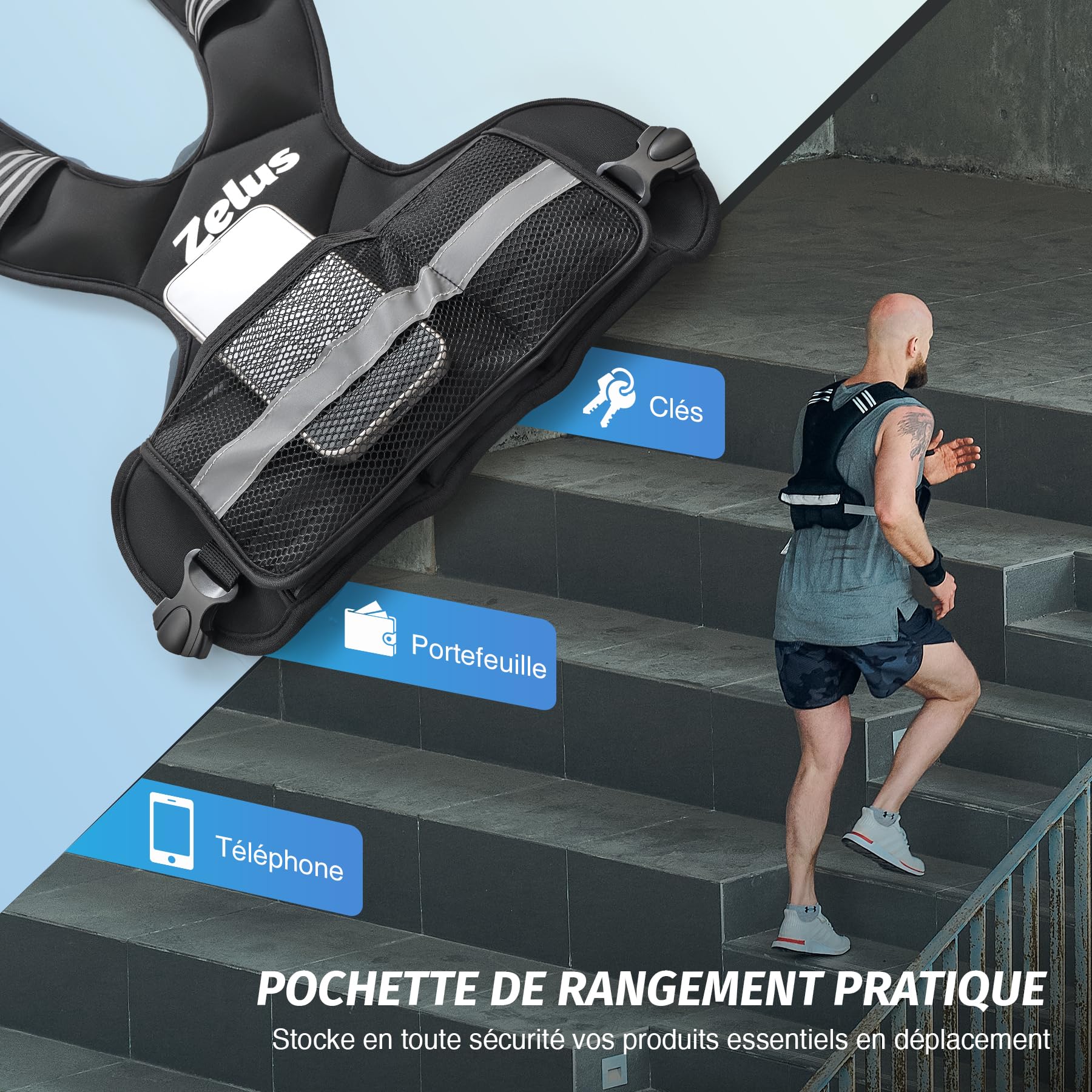 ZELUS Gilet Lesté 5kg/10kg/15kg/20kg Barre de Poids Réglable Veste Lestée de Course Entraînement pour Hommes Femmes Musculation Exercice Sports Gym Fitness Intérieur Extérieur, Noir