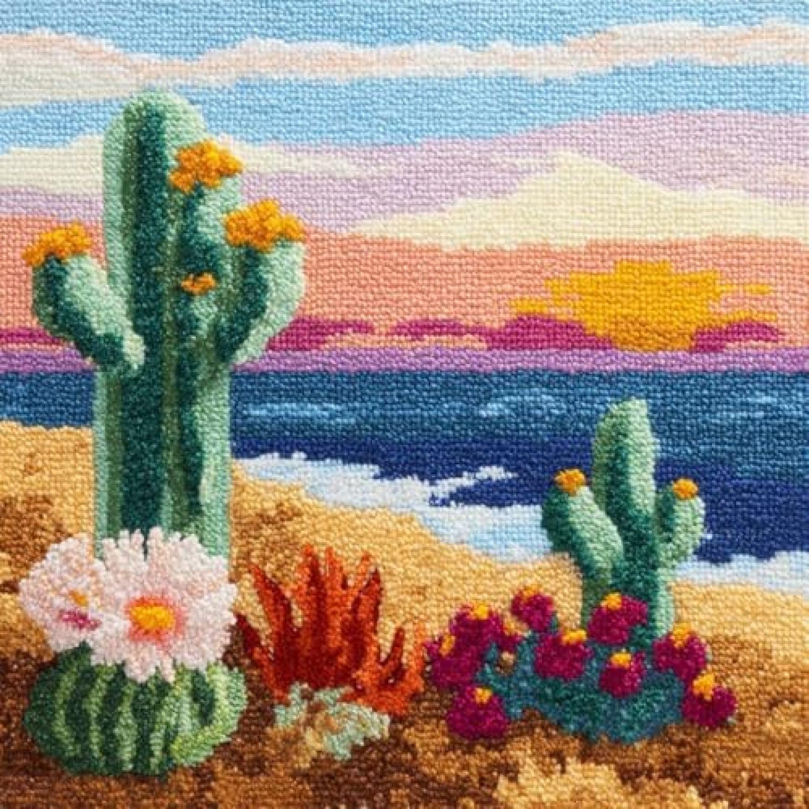 kitphoenix Pre-Printed Latch Hook Cushion Cover Kit for Adults,Cactus Flowers and Sea,DIY Pillow Cover Craft Set with Yarn and Hook,43x43 cm