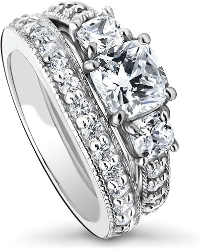 BERRICLE Sterling Silver 3-Stone Wedding Engagement Promise Rings for Her, Stackable Band Ring Set for Women, Cubic Zirconia CZ - Sapphire-Blue,