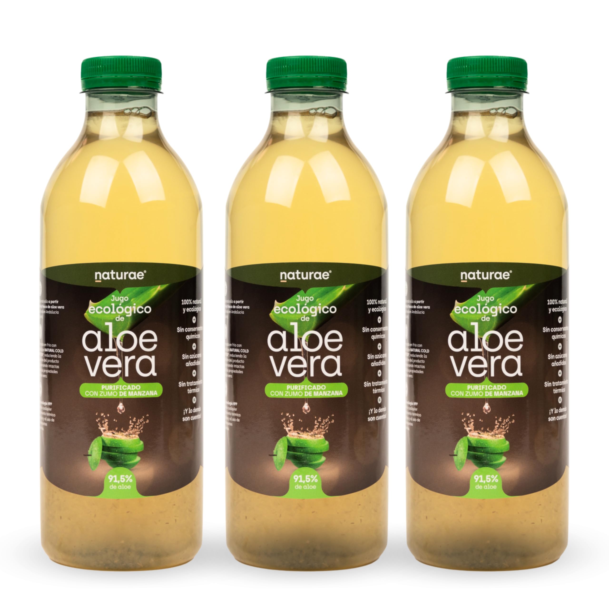 NATURAE – Jugo de Aloe Vera con Manzana – Refrescante y digestivo – Ecológico – Pack de 3 Botellas de 1L - Fabricado en España