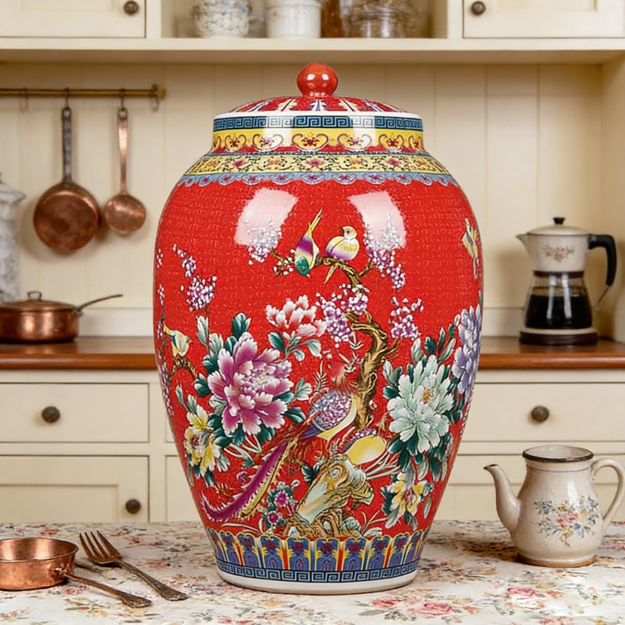 MMleYN Chinese Style Hand-Painted Ceramic Rice Container With Lid Large Airtight Grain Storage Jar Multi-Purpose Food Dispenser For Candy Cereal Snacks Coffee Beans Sugar Flour(B,15kg)