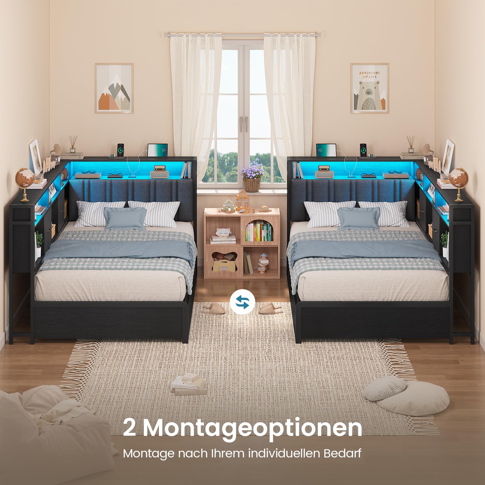 Polsterbett Schlafsofa 90 x 200 mit LED-Beleuchtung und USB-Ladestation,Jugendbett 90 x 200 cm,Tagesbett,Eckbettgestell aus LED-Metall mit 2 Schubladen und Bücherregal,Grau