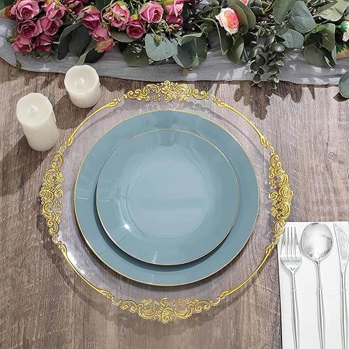 Miniatura 135 de Efavormart - Paquete de 10 platos redondos de plástico martillado transparente de 9 pulgadas para aperitivos de postres con borde dorado, plato