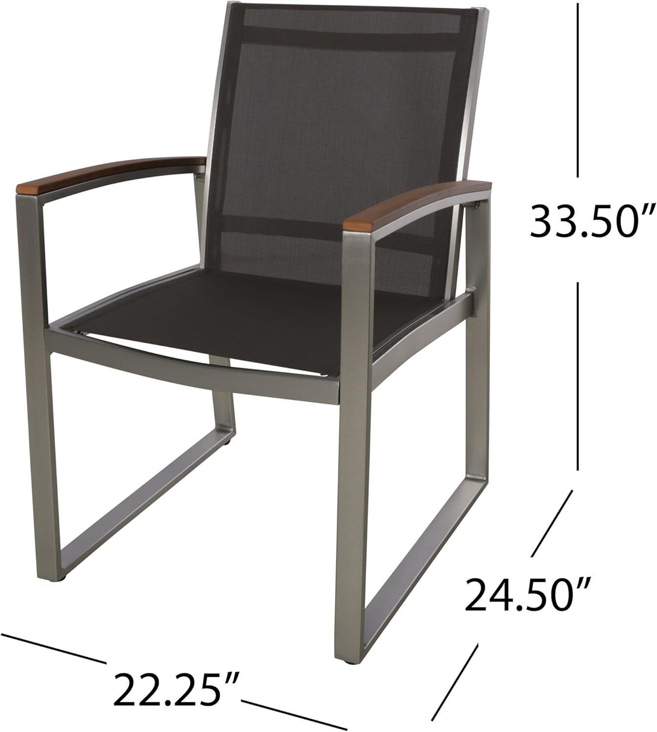 Great Deal Furniture Aubrey Patio Dining Chairs - Aluminum - Outdoor Mesh Seats - Faux Wood Arms - Set of 2 - Silver with Gray and Natural Finish