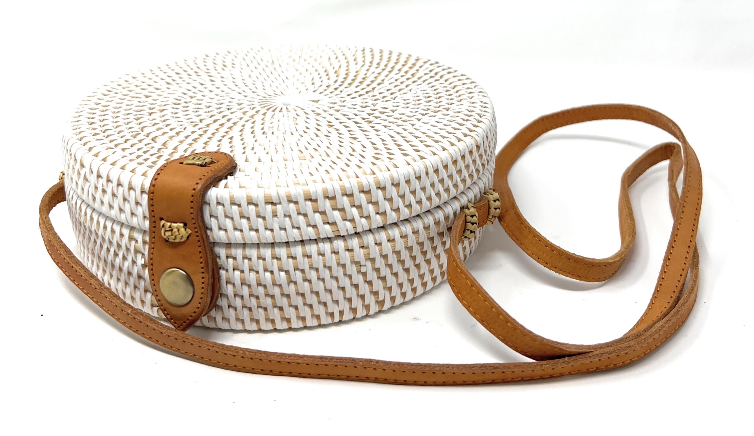 Bolsa de mimbre redonda blanca con correa de piel larga trenzada para mujer, bolso cruzado, 20 cm, Blanco