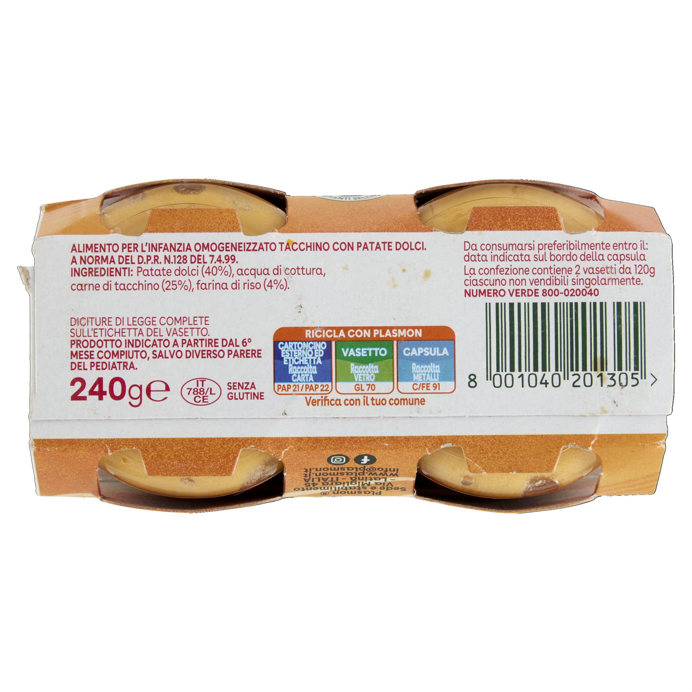 Plasmon Omogeneizzato Scoperte di Gusto Tacchino e Patate Dolci, 2x120g (12 Confezioni)