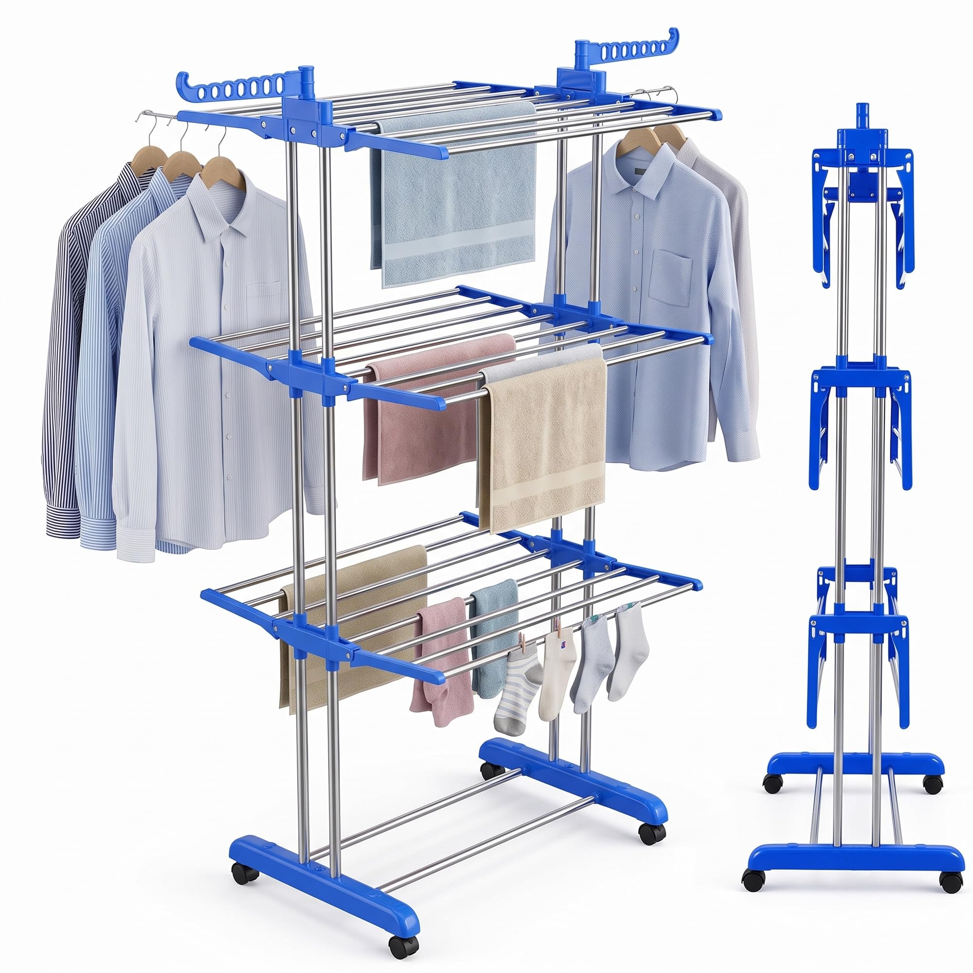 ZOPPER 4 Tier Clothes Airer 170cm Foldable Indoor & Outdoor Clothes Drying Rack with Wheels, Stainless Steel Tower Clothes Horse, Space Saving Vertical Laundry Drying Stand for Large Wash Loads