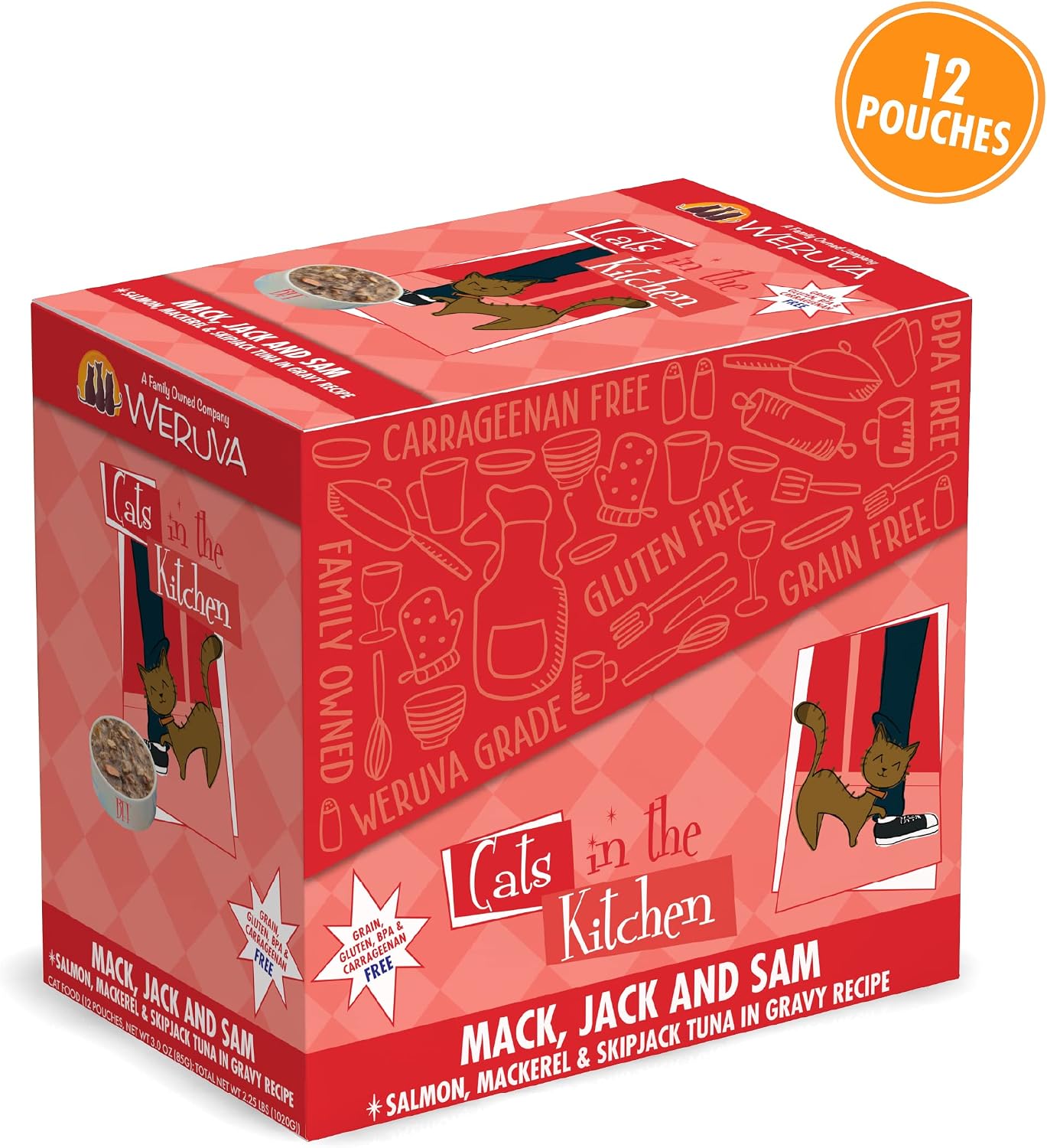 Weruva Cats in the Kitchen Mack, Jack & Sam with Mackerel, Skipjack & Salmon in Gravy Cat Food, 3oz Pouch (Pack of 12)