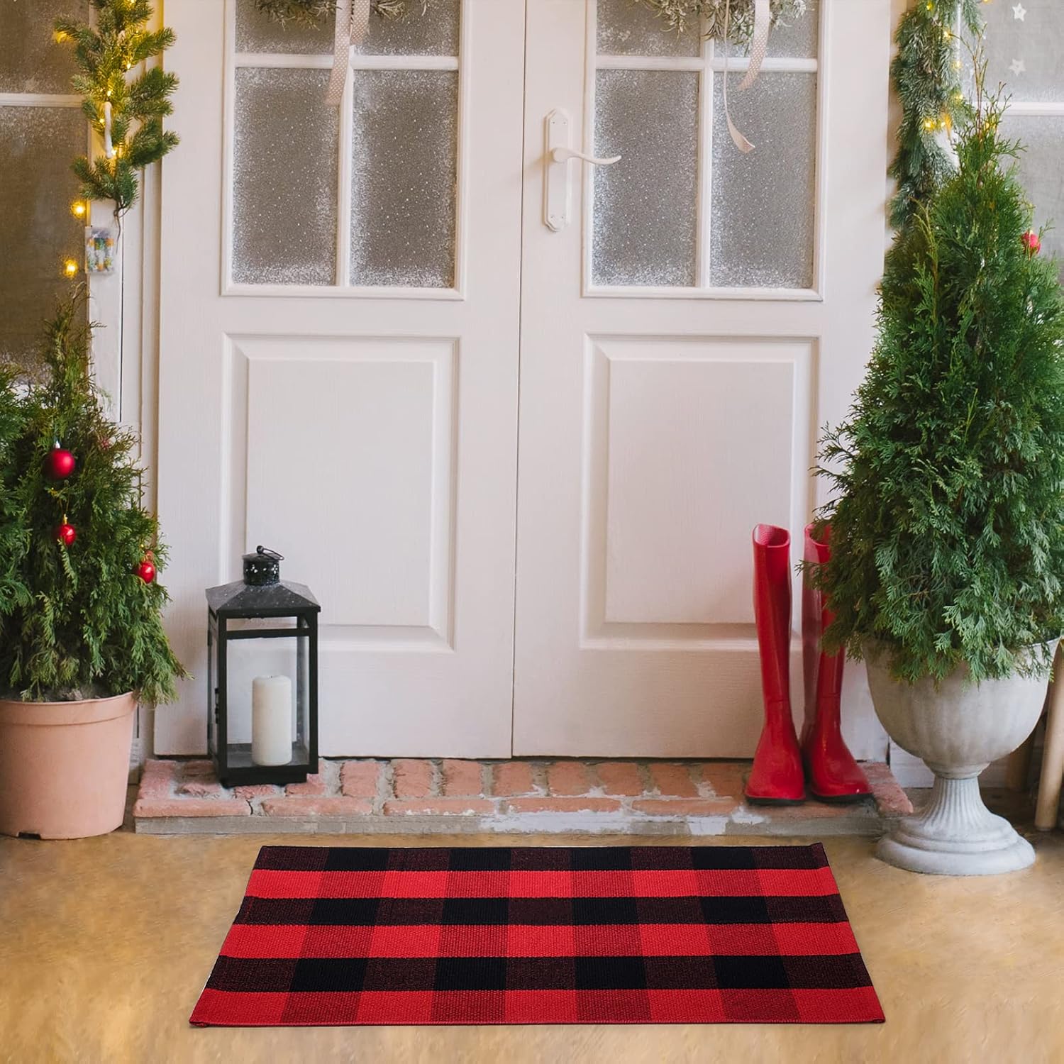 Delxo Cotton Buffalo Plaid Rug,24"x36" Hand-Woven Indoor or Outdoor Rugs for Layered Christmas Door Mats Washable Carpet for Front Porch/Kitchen/Farmhouse/Entryway/Halloween (Black&Red)