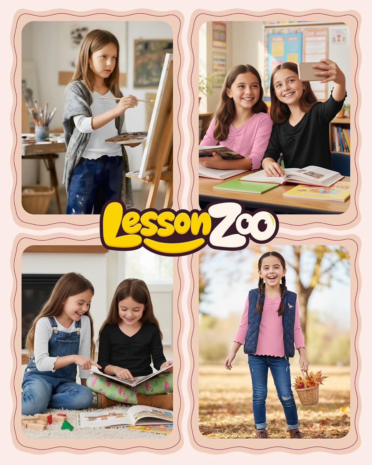 3 Pack Girl's 3/4 Sleeve V Neck Tops Casual Chest Ruched Tees Ragular Fit Shirts 5-14 Years(Light Pink, White, Black,11-12 Years)