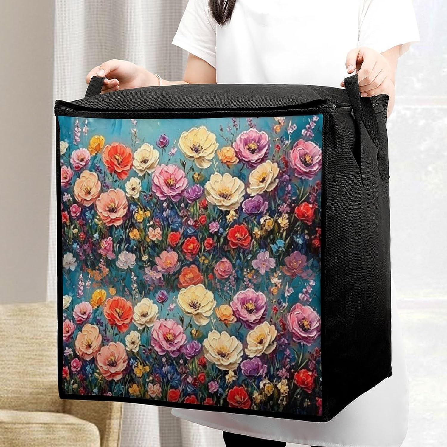 Multicolor Flower Comforter Storage Bag Moving Bag | Clothes Storage Bins-70L,Moving Bag With Dual Handles For Easy Carrying, Zipper Design Durability for Home,Bedroom,Closet