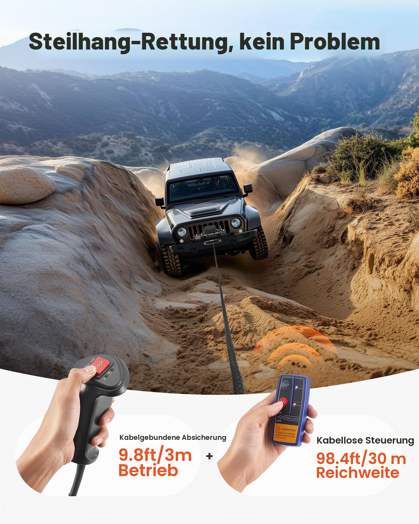 VEVOR Elektrische Seilwinde, 6100 kg, 12 V DC Elektrowinde mit 26 m Synthetikseil, kabellose & kabelgebundene Fernbedienung, IP55, zum Abschleppen von Geländewagen, Jeeps, Anhängern &Booten