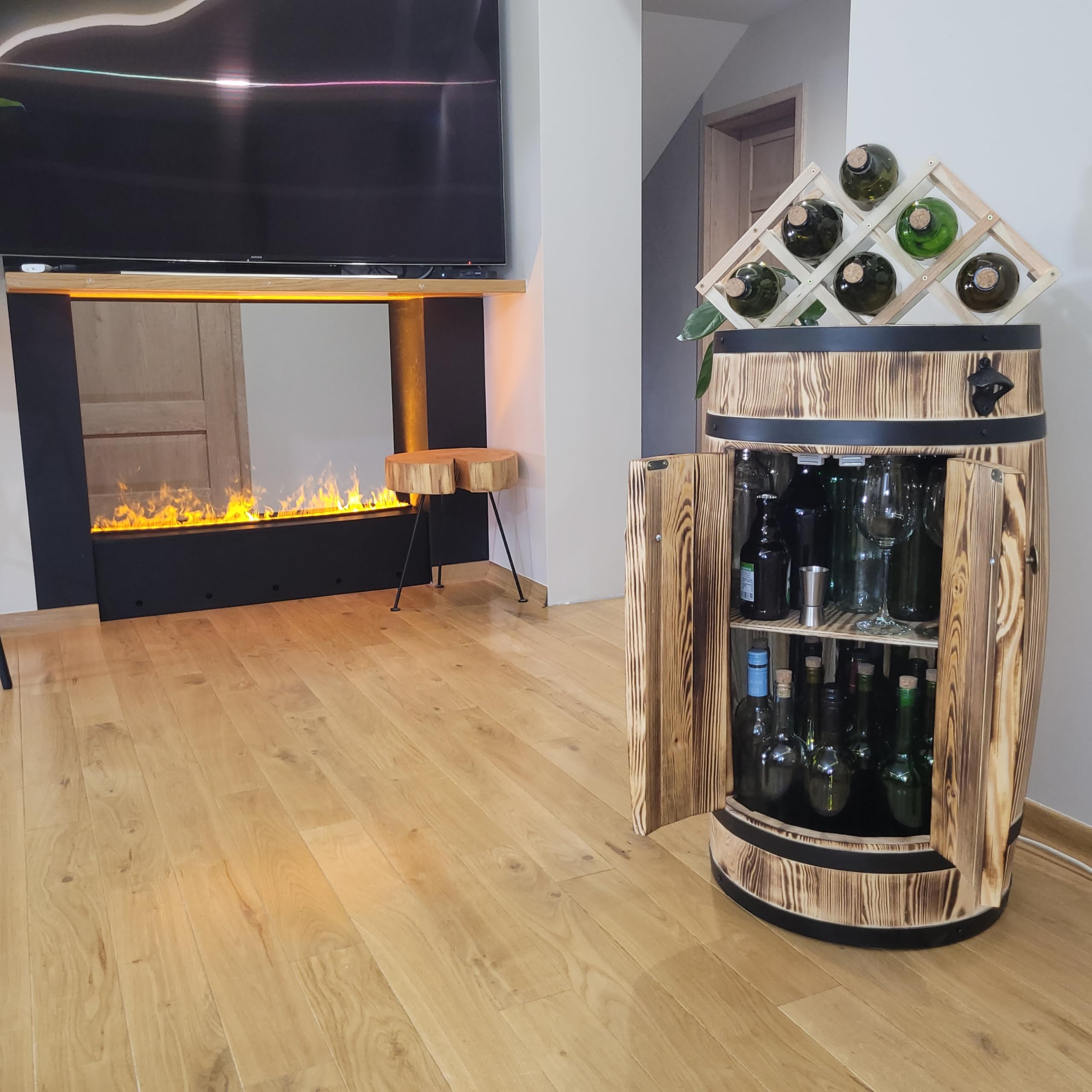weeco Fassbar für Alkohol mit Doppeltüren – rustikaler Holz-Barschrank mit Regal und Flaschenhalter, geflammter Barschrank 80 cm, braun