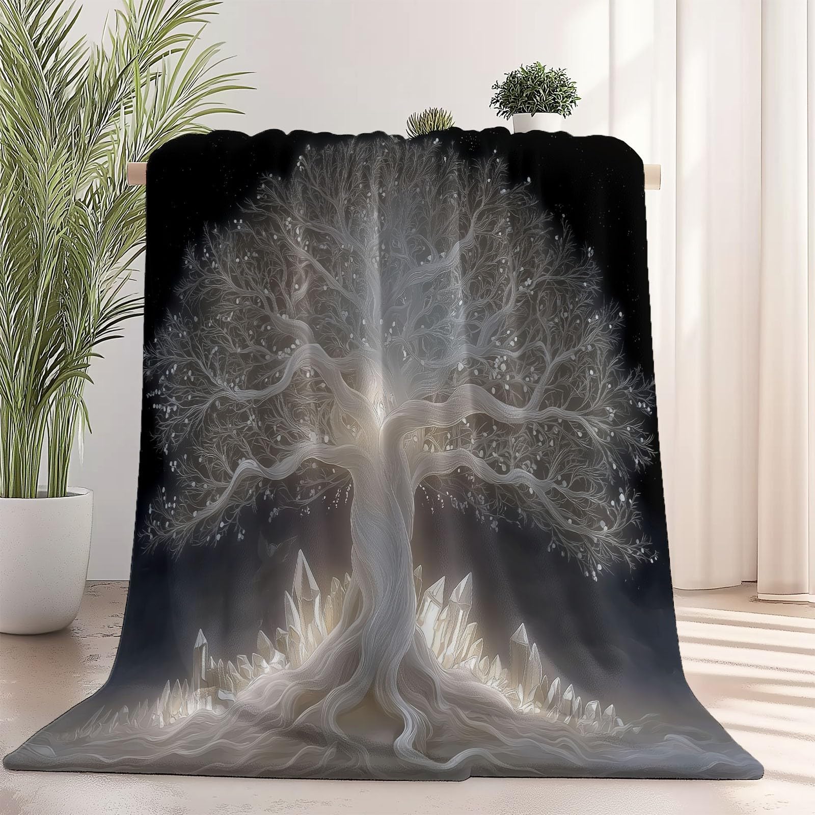 Manta de Franela Suave con Estampado Estilo fantasía Arte de Cristal árbol de la Vida - Manta Cálida y Ligera para Sofá y Cama, Verde Oscuro Decoración Hogar, Todas Las Estaciones - 220×240 cm