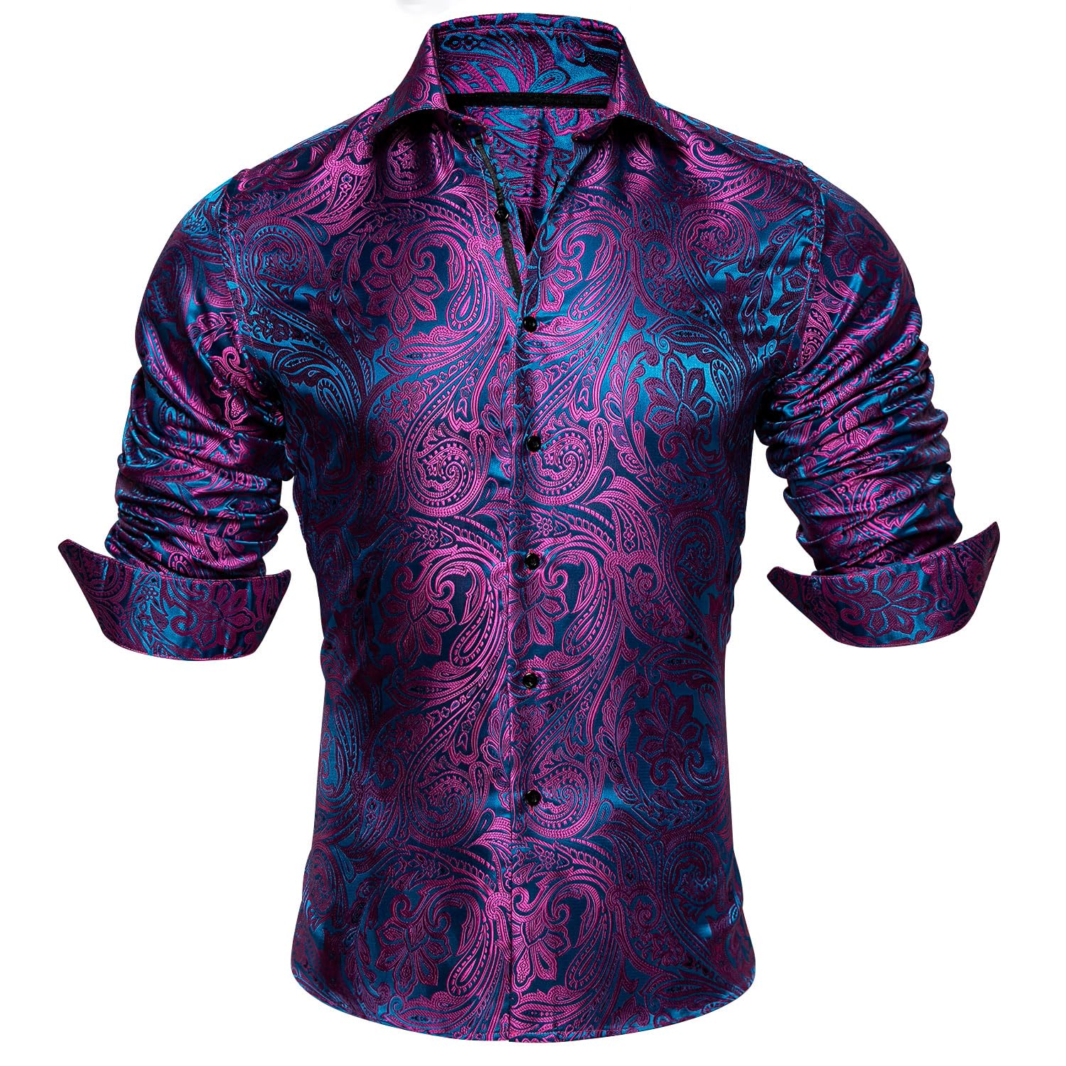 Barry.Wang Camisa de seda para hombre, diseño floral, manga larga, ajuste regular, para boda, fiesta, casual, negocios, vestido formal