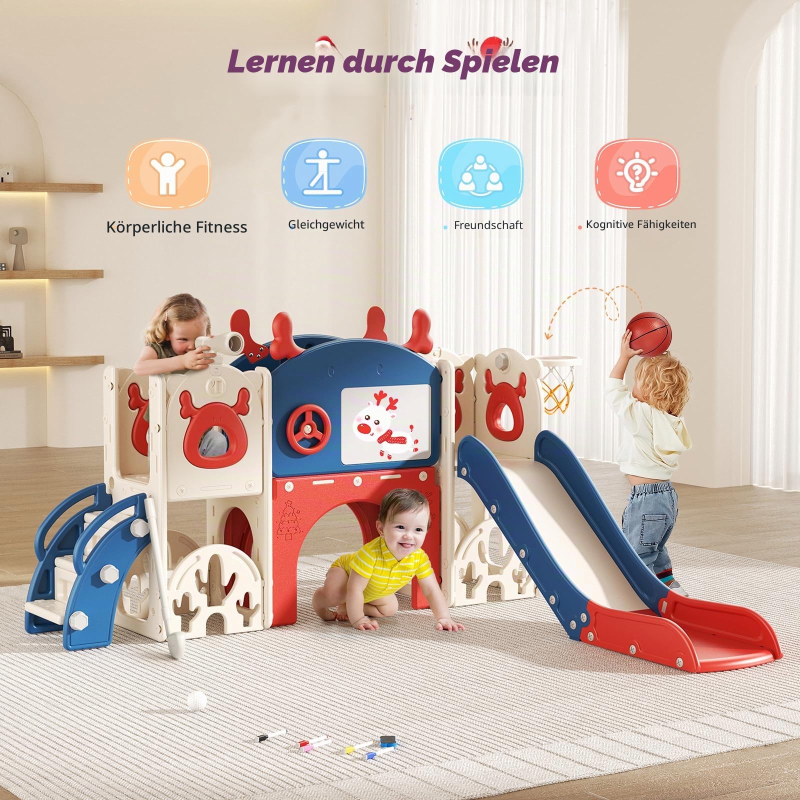 11-in-1 Kinder Rutsche Indoor/Outdoor,Montessori Spielzeugset mit Klettergerüst,Basketballkorb,Krabbeltunnel & Teleskop, Sicherheitsgetestet HDPE Kunststoff für Kinder ab 1 Jahr(Rot-blau)