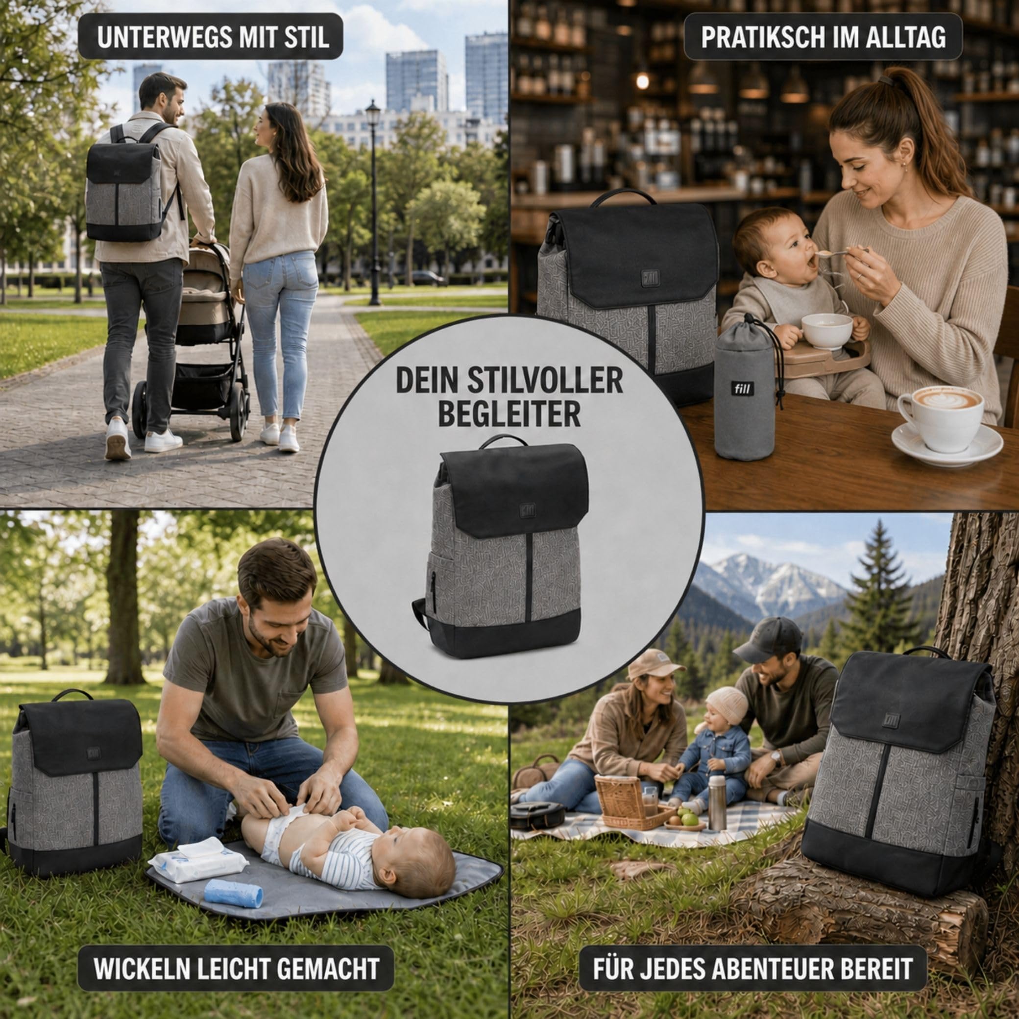 FILL Baby Wickelrucksack Exklusiv | Grosse Wickeltasche Mama Rucksack mit Flaschenwärmer und Wickelunterlage | Babyreisetasche Reisetasche für Unterwegs | Multifunktionale Babytasche