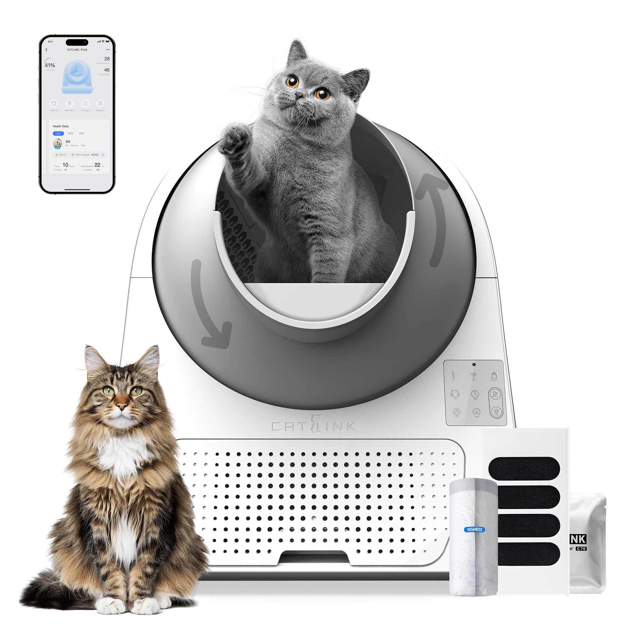 Arenero Autolimpiante CATLINK Pro-X con App y Contenedor de Residuos de 13L para Gatos Grandes, 4 Modos de Limpieza, Control de Olores 4X (Ozono+UV+Carbón Activado+Gel Desodorante)