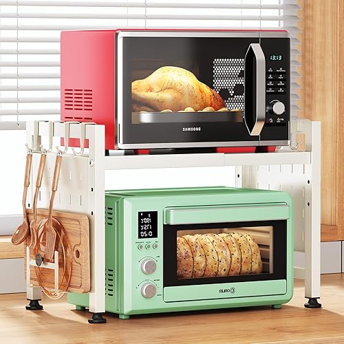 Miniatura 11 de Kitstorack Estante ajustable para horno de microondas, estante para microondas resistente de 2 niveles con tablas de cortar, soporte para estantes