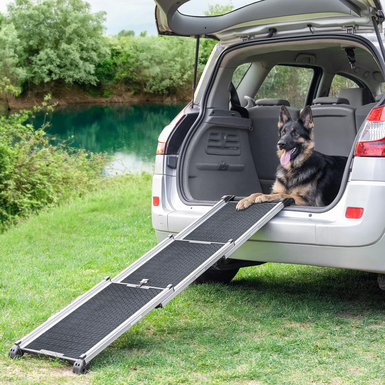 Hunderampe Auto Klappbar- Teleskop Alu Rampe für große Hunde - Stabile Hundetreppe Auto & SUV - rutschfest - Reflektierende Seiten - Hundeleiter Auto - 90kg Belastbarkeit - Befestigungsclip - Schwarz
