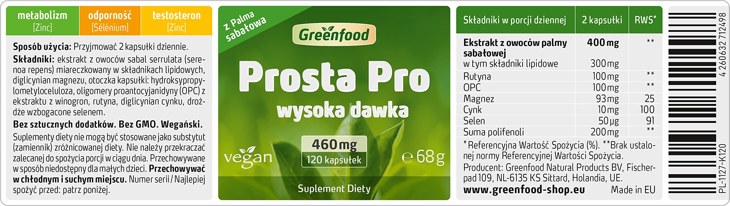 Greenfood Prosta Pro, 460 mg, wysoka dawka, 120 kapsułek - z palmą sabałową, OPC, rutyną, cynkiem i selenem. Bez sztucznych dodatków. Bez technologii genetycznej. Wegańskie.